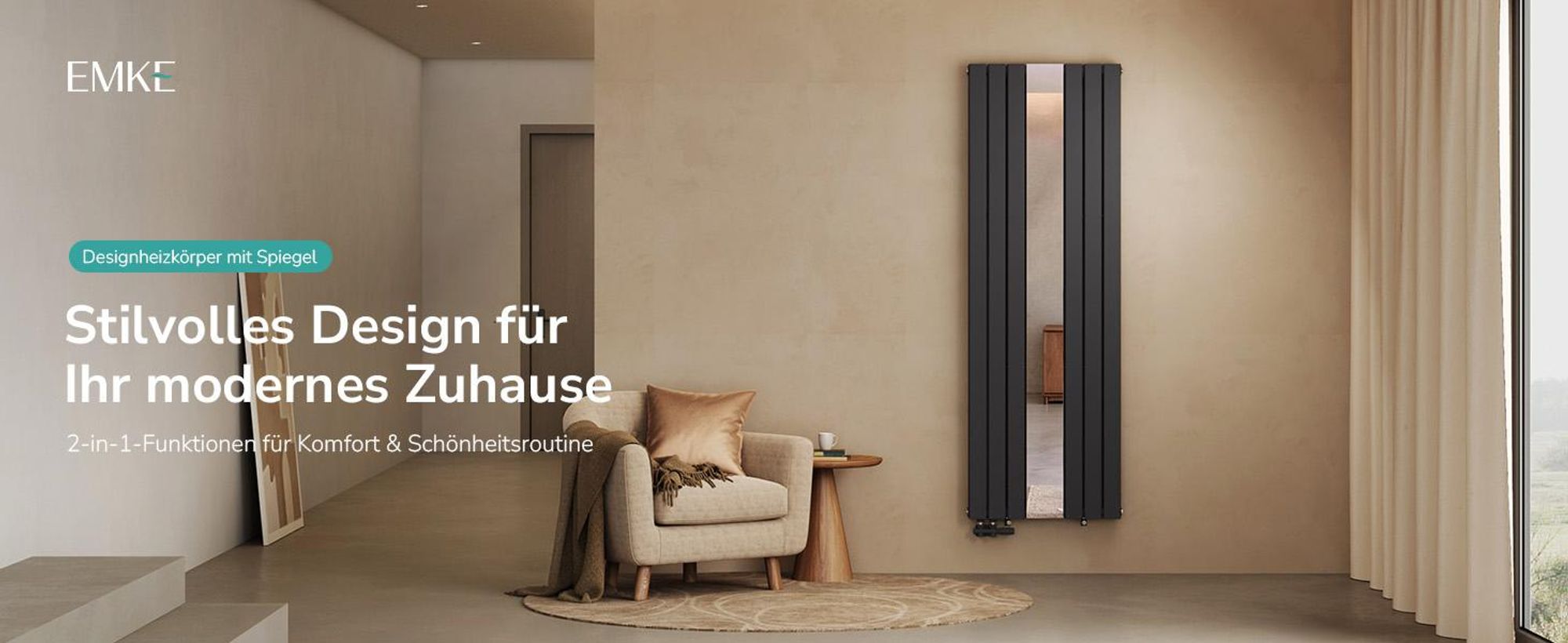 EMKE Designheizkörper mit Spiegel Vertikal 1800x608 mm, Badheizkörper Warmwasser 1788W, Paneelheizkörper Doppellagig, Wandheizkörper Anthrazit