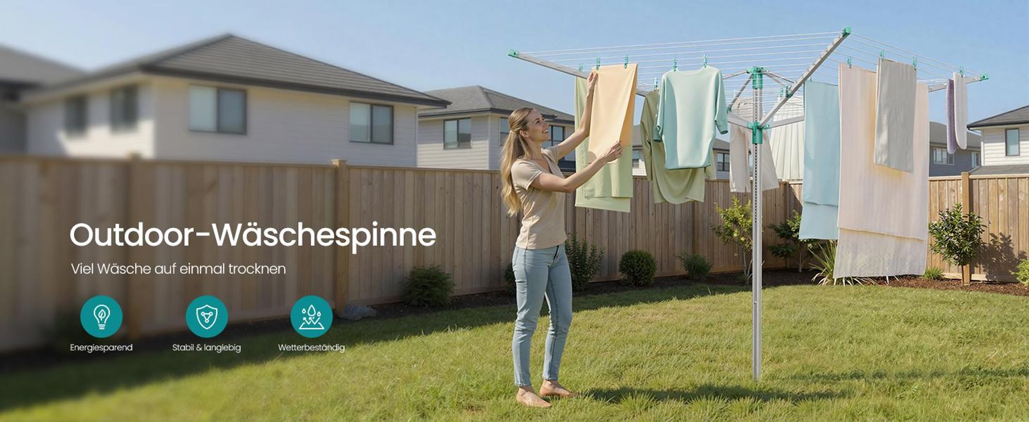 SONGMICS Wäschespinne, höhenverstellbarer, 60 m Wäscheleine, für 6 Waschladungen, draußen, silbern-grün