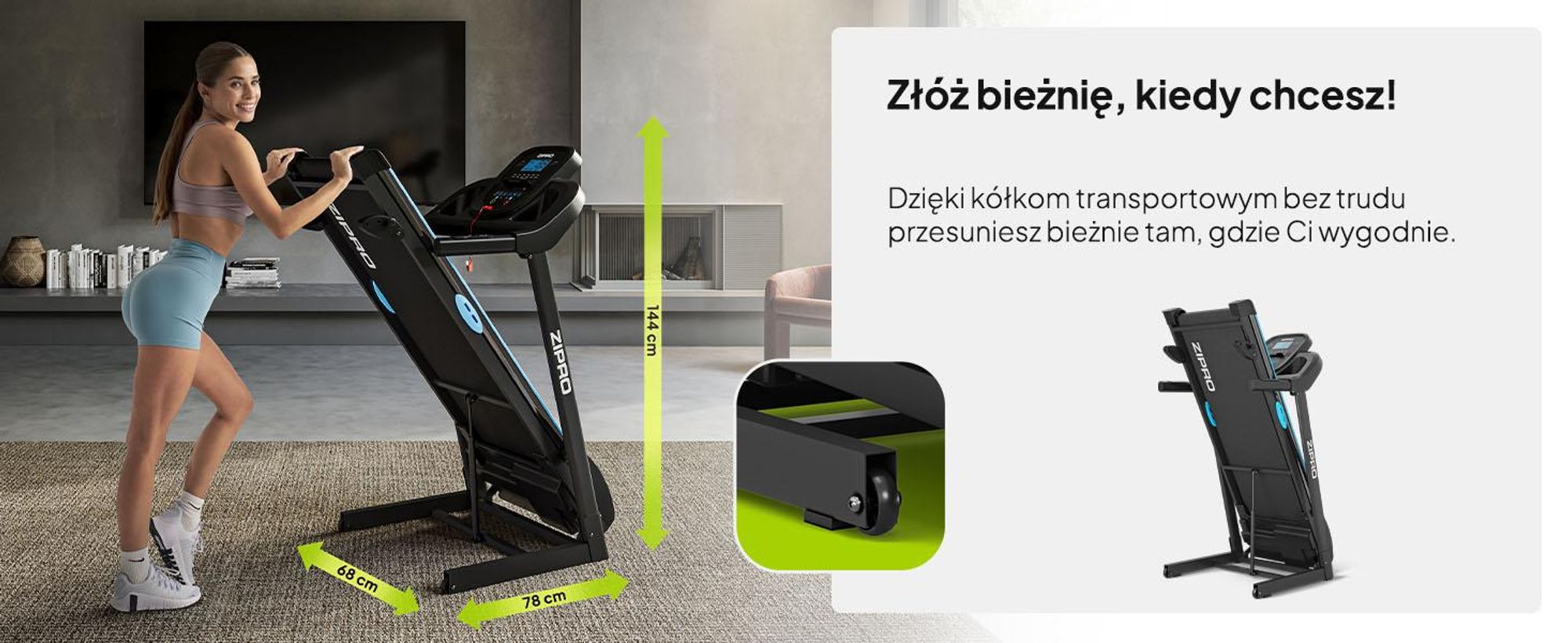 Bieżnia składana Zipro Tekno, cichy silnik elektryczny 1080 W, szeroka powierzchnia do biegania 40 cm Bieżnia do domu Składana z nachyleniem SportRun Running Sport