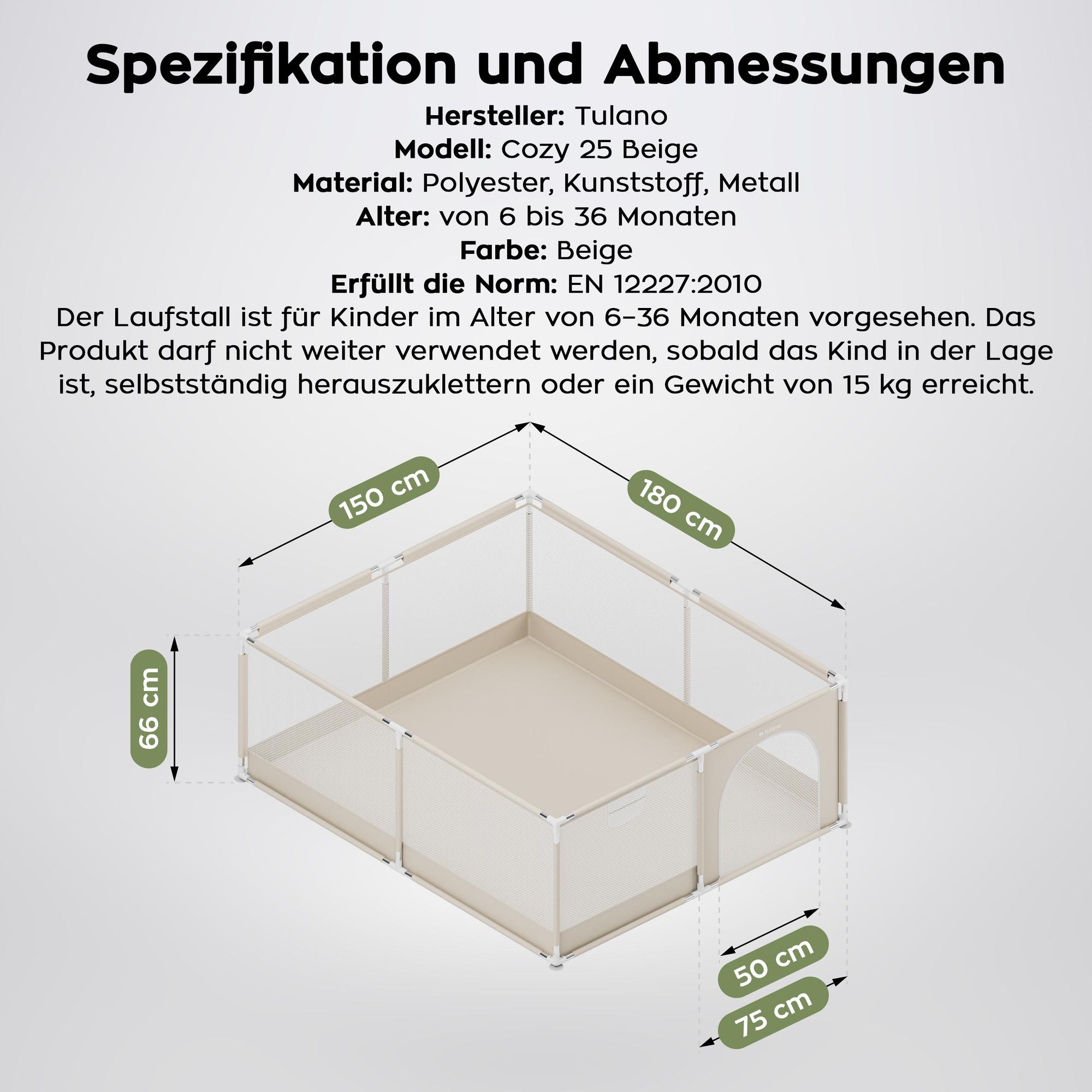 Baby Laufstall, Laufgitter Baby 150x180 cm Krabbelgitter für Kleinkinder baby mit Atmungsaktivem Netz von 6 bis 36 Monaten Rutschfeste Füße Tasche