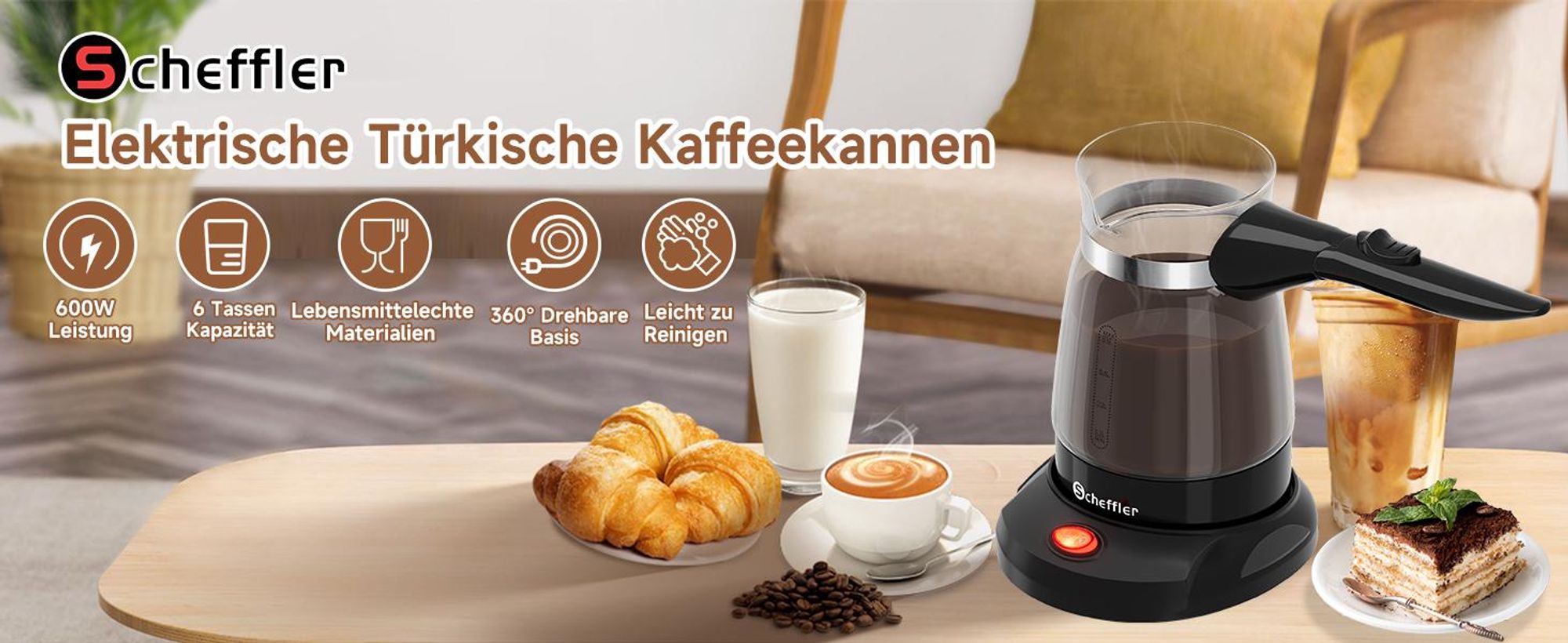 SCHEFFLER Türkische Kaffeemaschine Elektrischer 500ml Glas Kaffeekocher Mokka Kaffeekanne Espressokocher Mit Überhitzungsschutz 304 Edelstahl