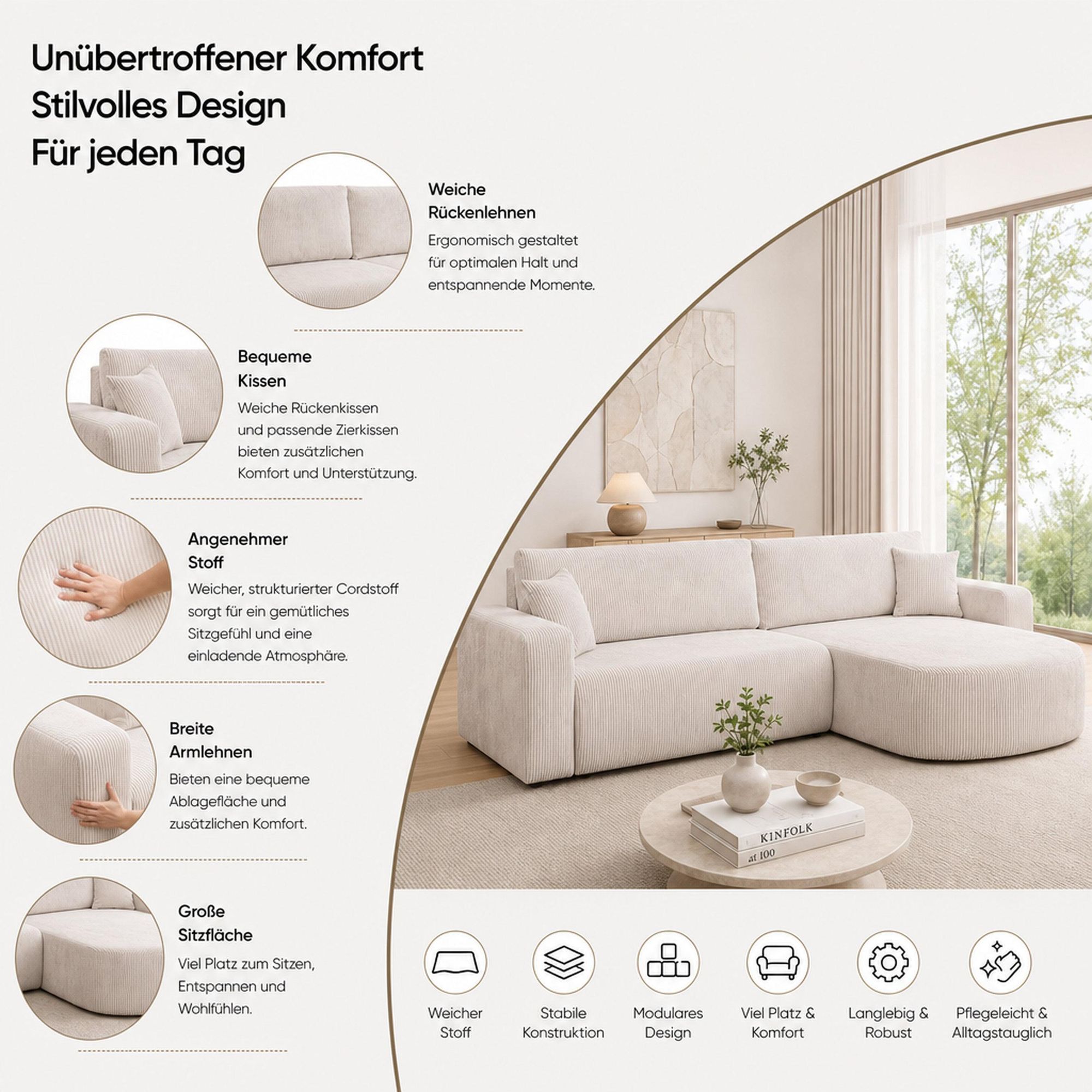 VENASI TOKIO Ecksofa mit Schlaffunktion und Bettkasten aus Cord – Schlafsofa Eckcouch Sofa Braun