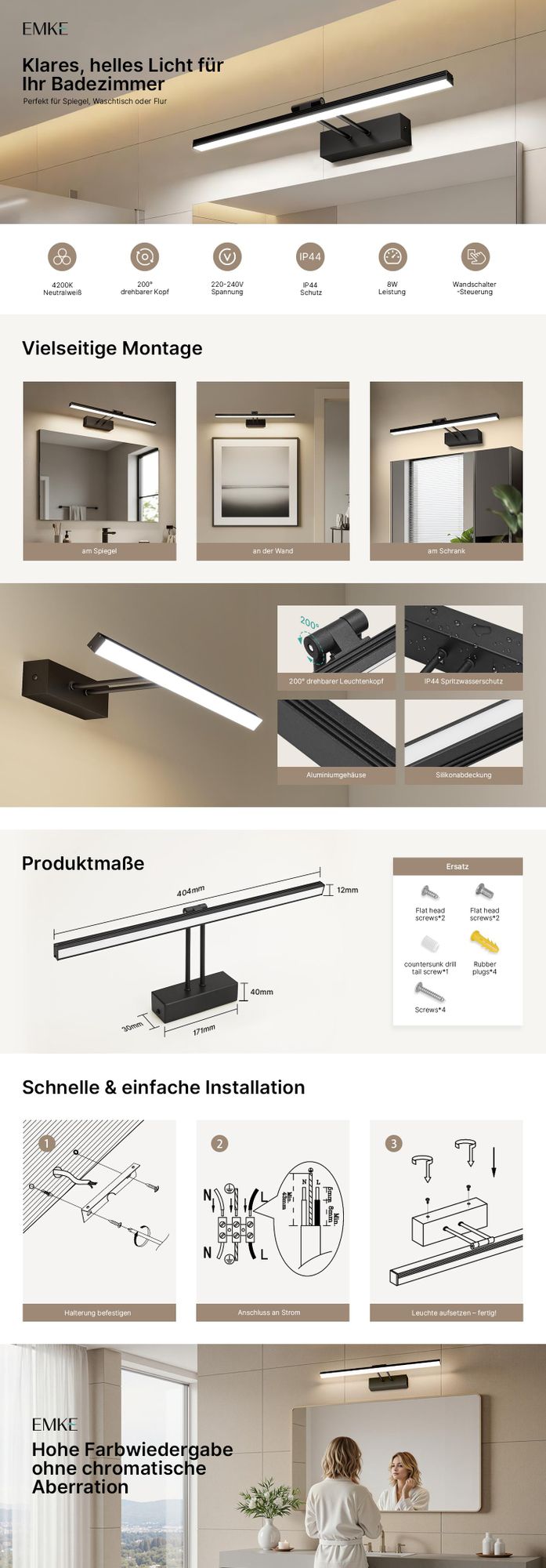 EMKE LED Spiegellampen Spiegelleuchte IP44 für Bad LED-Wandleuchte 40cm, 200° drehbar Schrankleuchte Schwarz 4200K