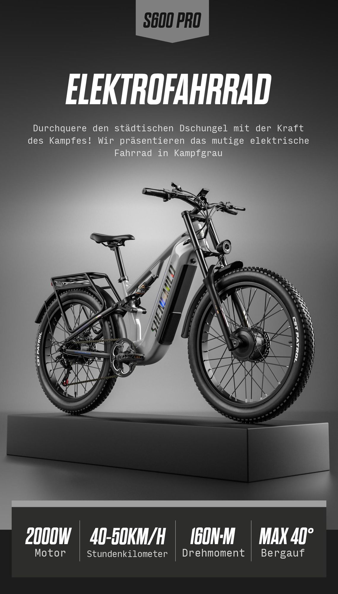 SHENGMILO S600 PRO, elektrische fatbike met dubbele motor, 2000W, 48V 25Ah, 160 N·m, maximaal draagvermogen 150 kg
