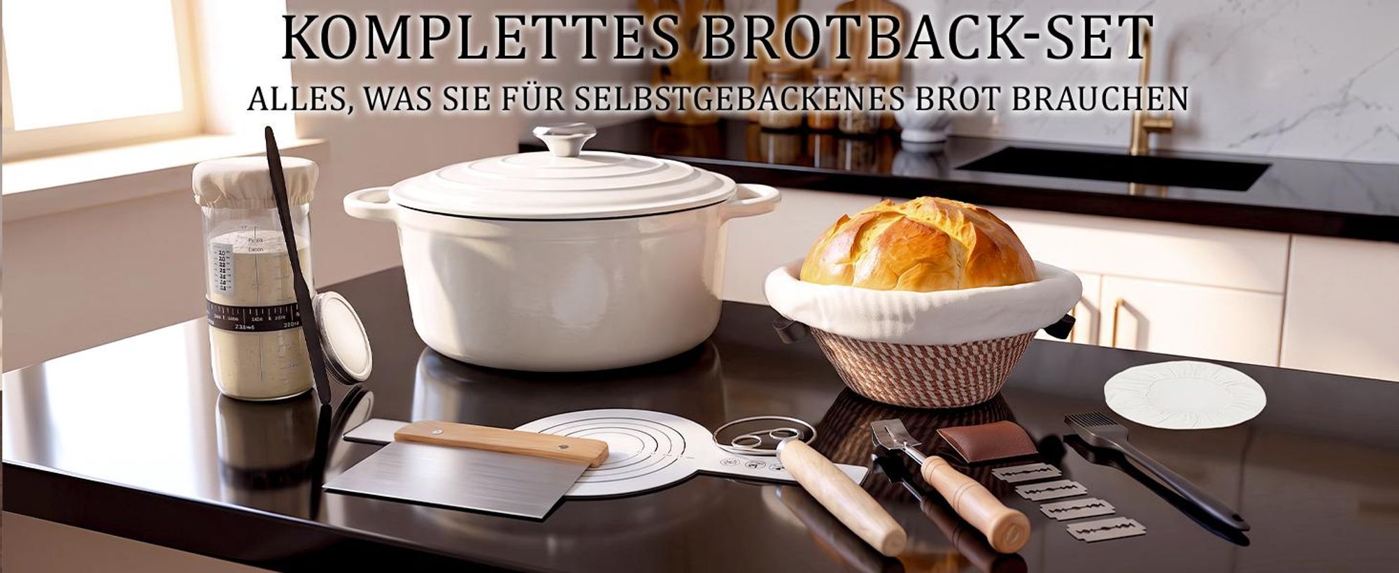 Brotbackset mit Gusseisentopf 4,6 L Ø 26 cm, emaillierter Brotbacktopf mit Deckel, Gärkörbchen 23 cm & Sauerteig-Starterset, Cremeweiß