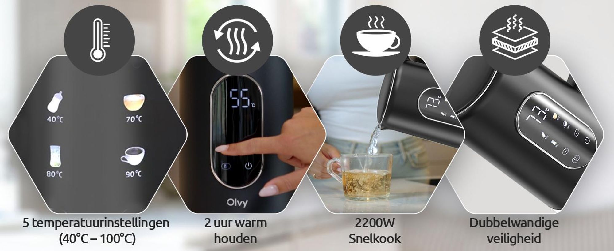 Olvy waterkoker met temperatuurregeling, 1,7 liter – LCD-display, 2200W, BPA-vrij, warmhoudfunctie, kalkfilter, temperatuurinstelling 40–100°, roestvrij staal
