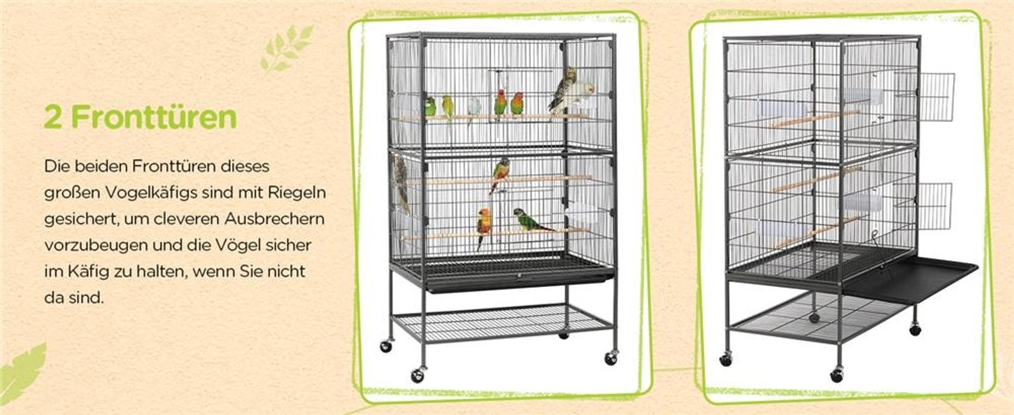 Yaheetech Vogelkäfig mit Ständer, Vogelvoliere mit 3 Holzstangen und 4 Futternäpfen, Wellensittich Käfig mit 4 Rollen, Voliere für Papageien, Schwarz