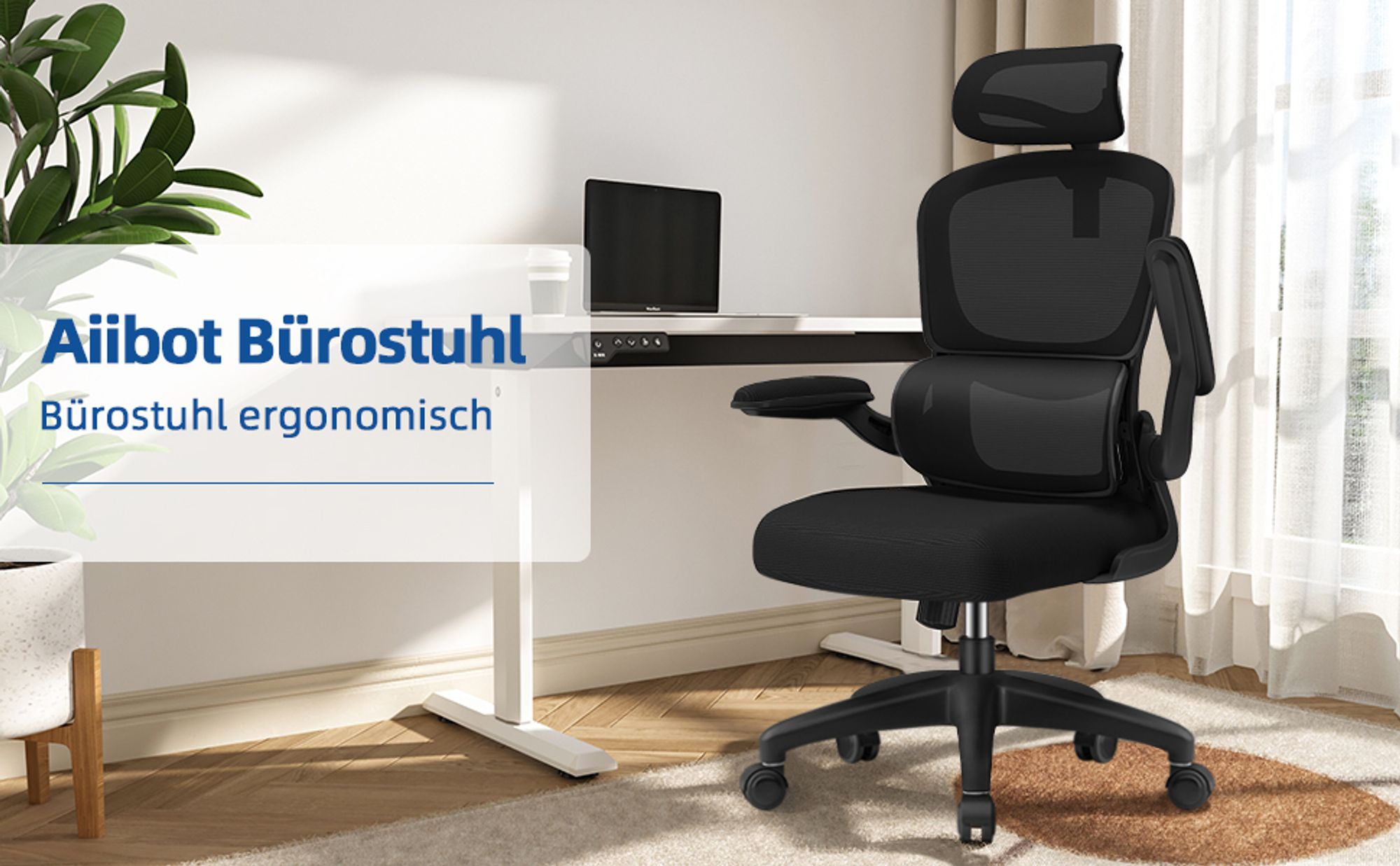Aiibot Bürostuhl,Bürostuhl Ergonomisch,Schreibtischstuhl mit Umklappbare Armlehnen Lordosenstütze,Drehstuhl,Bürostühle Wippfunktion,Bürostuhl 150kg