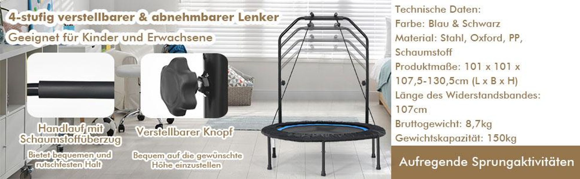 COSTWAY φ101cm Fitmess Trampolin, Mini Trampolin mit höhenverstellbarm Haltegriff & 2 Widerstandsbändern, Kindertrampolin, Gartentrampolin, Blau