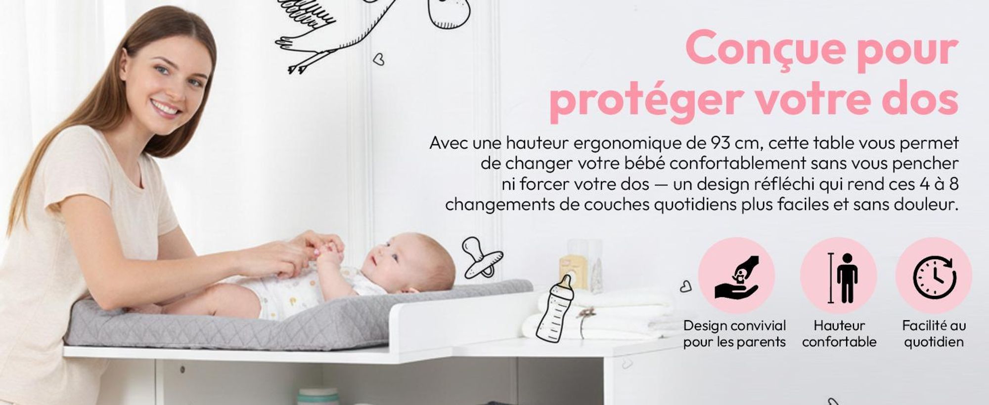 Commode à Langer pour bébé en Bois avec Plan à Langer, 3 tiroirs, 1 Porte, Hauteur 100 cm, Coloris Blanc, Dimensions 113x100 cm