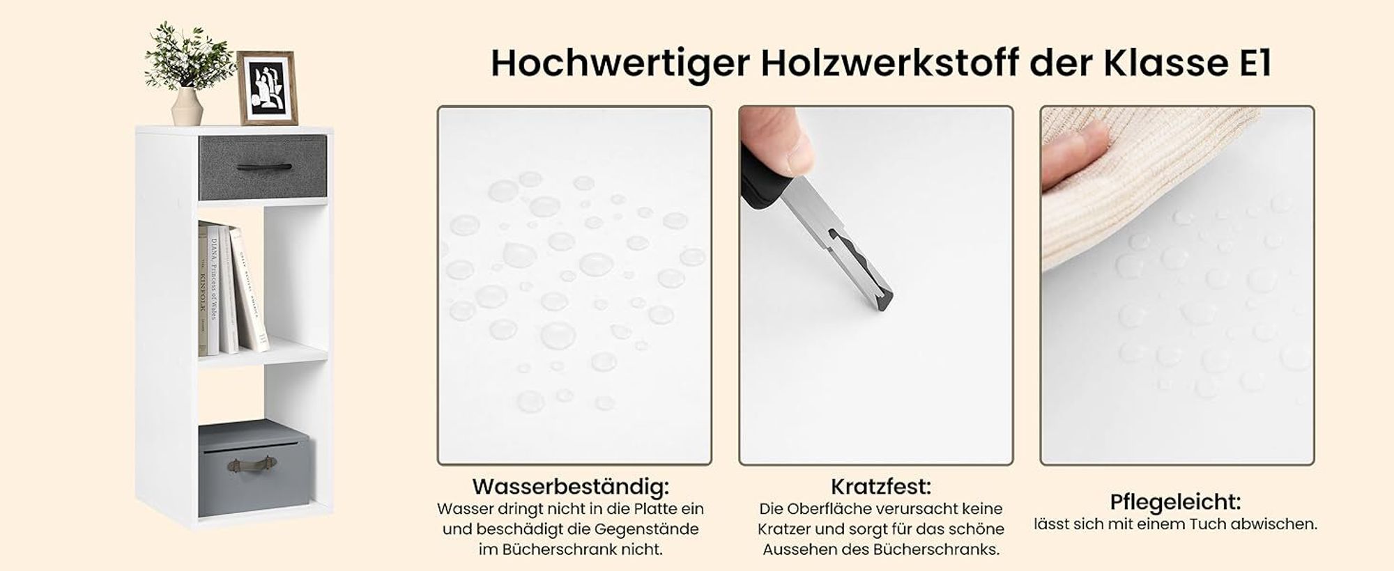 WOLTU Bücherregal mit 3 Ebenen, 1 Stoffschublade 2 Würfeln, 32,4x80x30 cm, Weiß