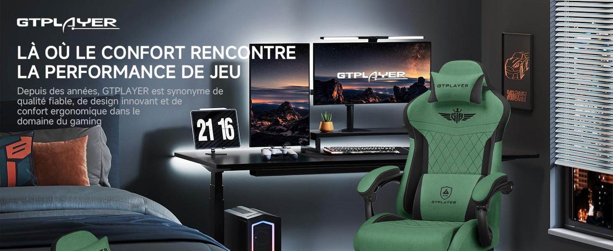 Chaise de jeu GTPLAYER, Chaise de jeu ergonomique en tissu avec soutien lombaire, Chaise PC avec dossier élargi, supporte jusqu'à 150 kg, Vert