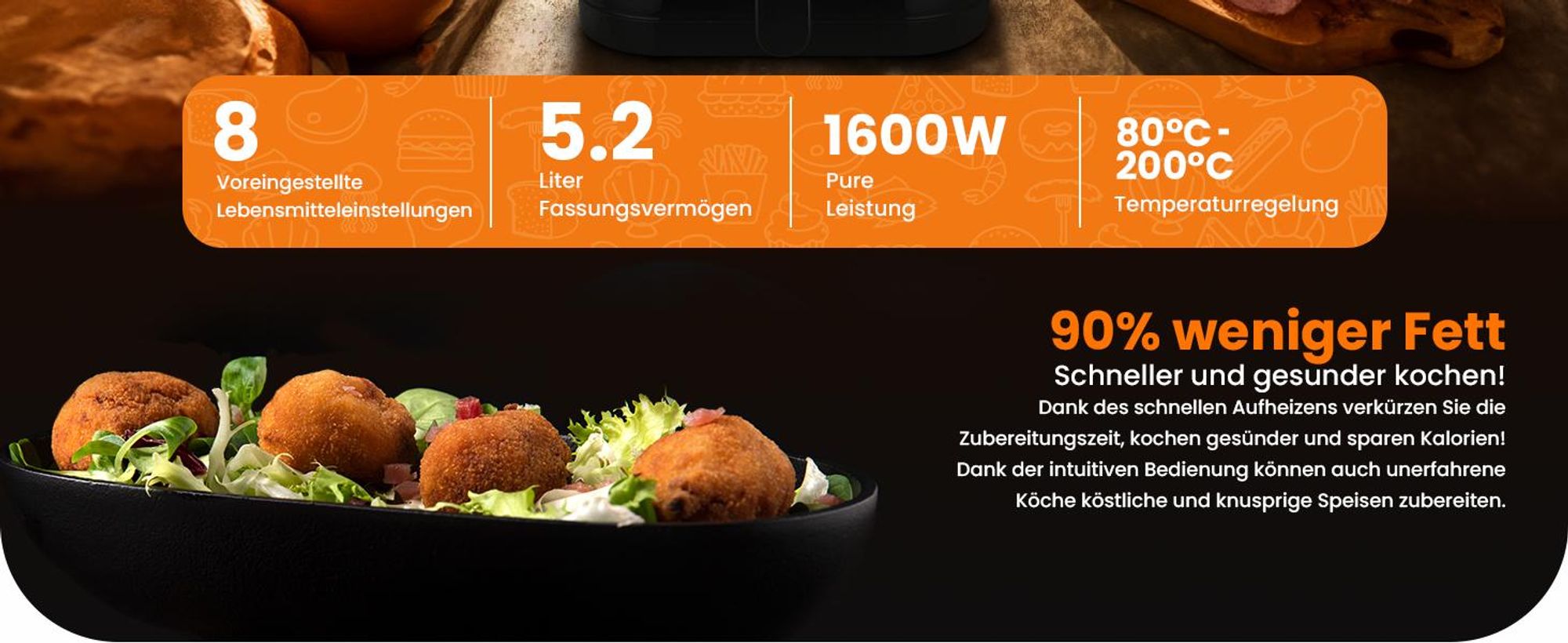 Extralink 5,2 l Heißluftfritteuse 1600 W mit Sichtfenster und LED-Display