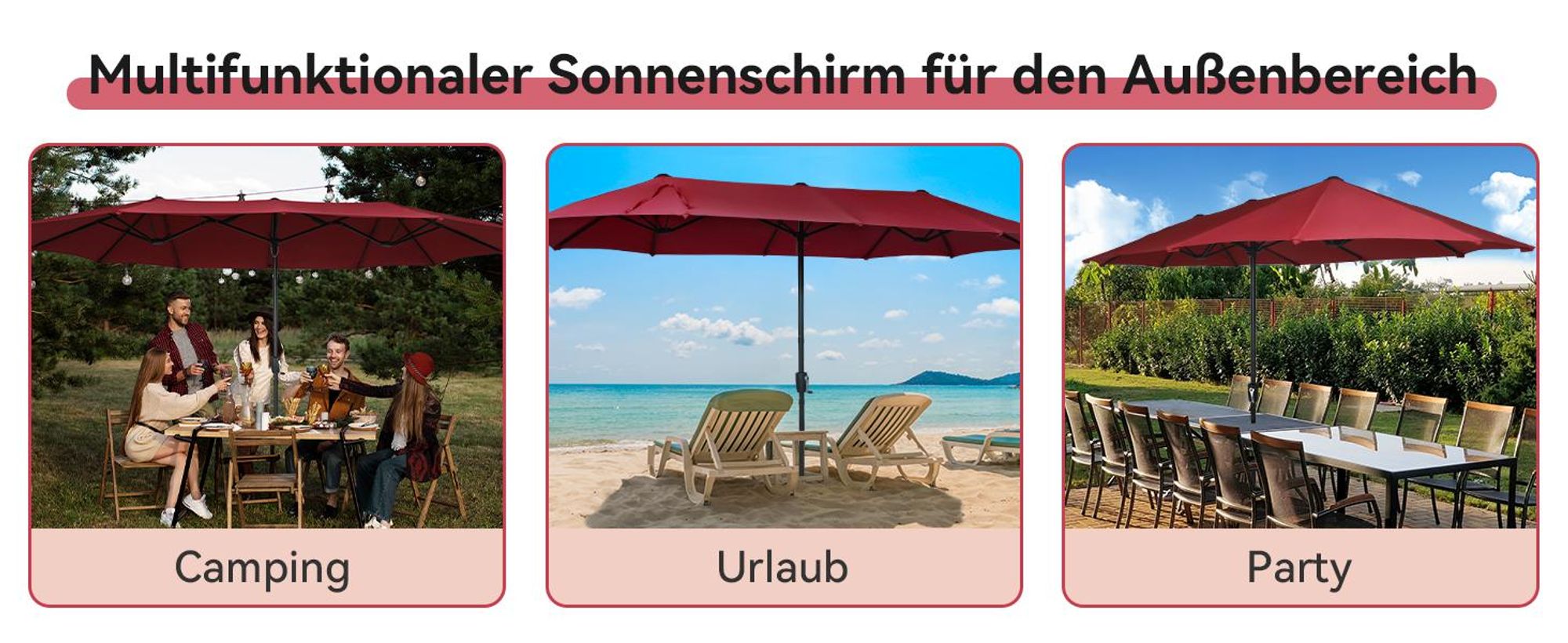 Puluomis Sonnenschirm 400 x 200 x238cm UPF 50+ mit Kurbel ohne Ständer Balkonschirm Strandschirm Marktschirm Gartenschirm Rot