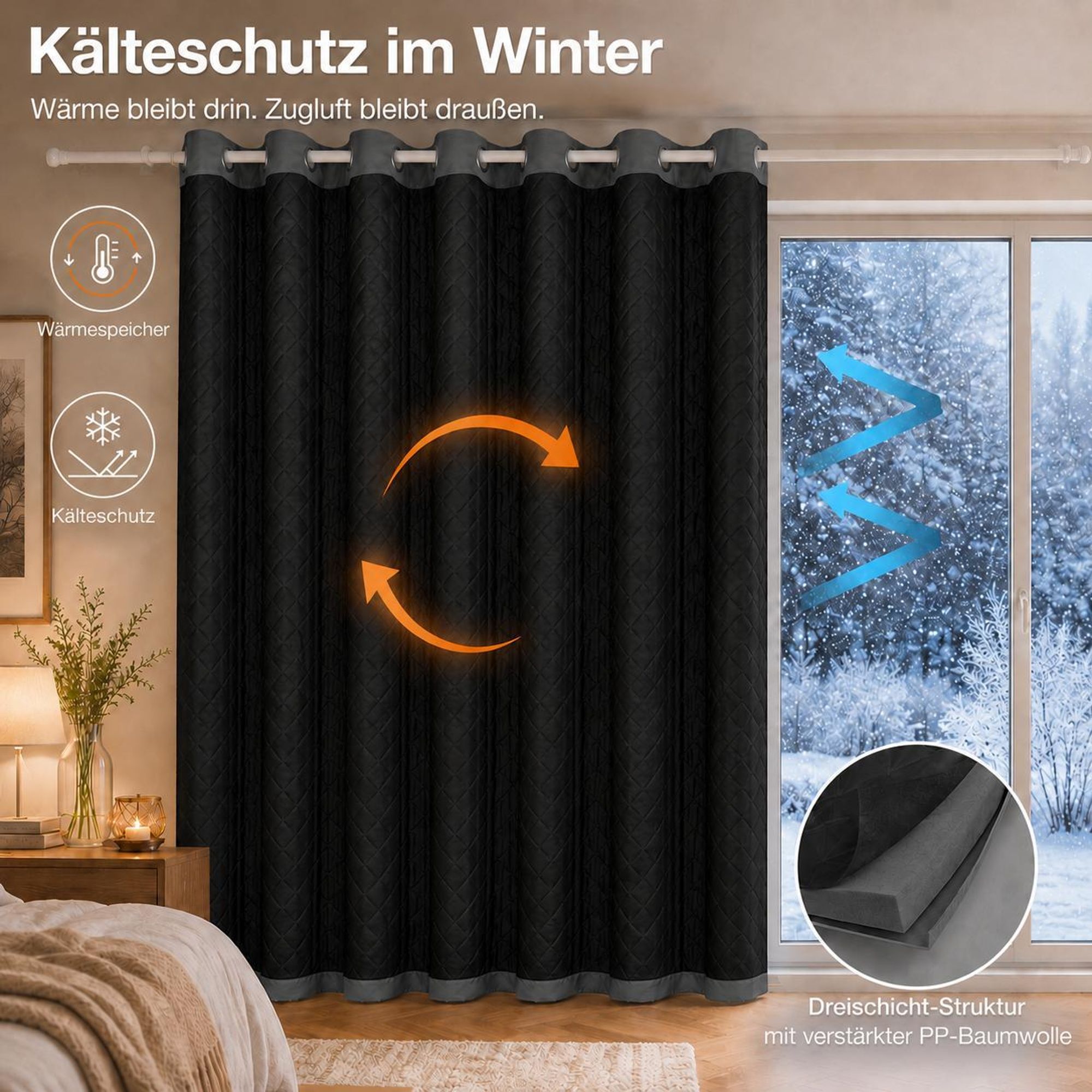 1x Outdoor Thermovorhang gegen Kälte und Hitze – Türvorhang, wasserdicht, Verdunkelungsvorhang mit Ösen für Garten Terrasse, Fenstervorhang, 132x274cm