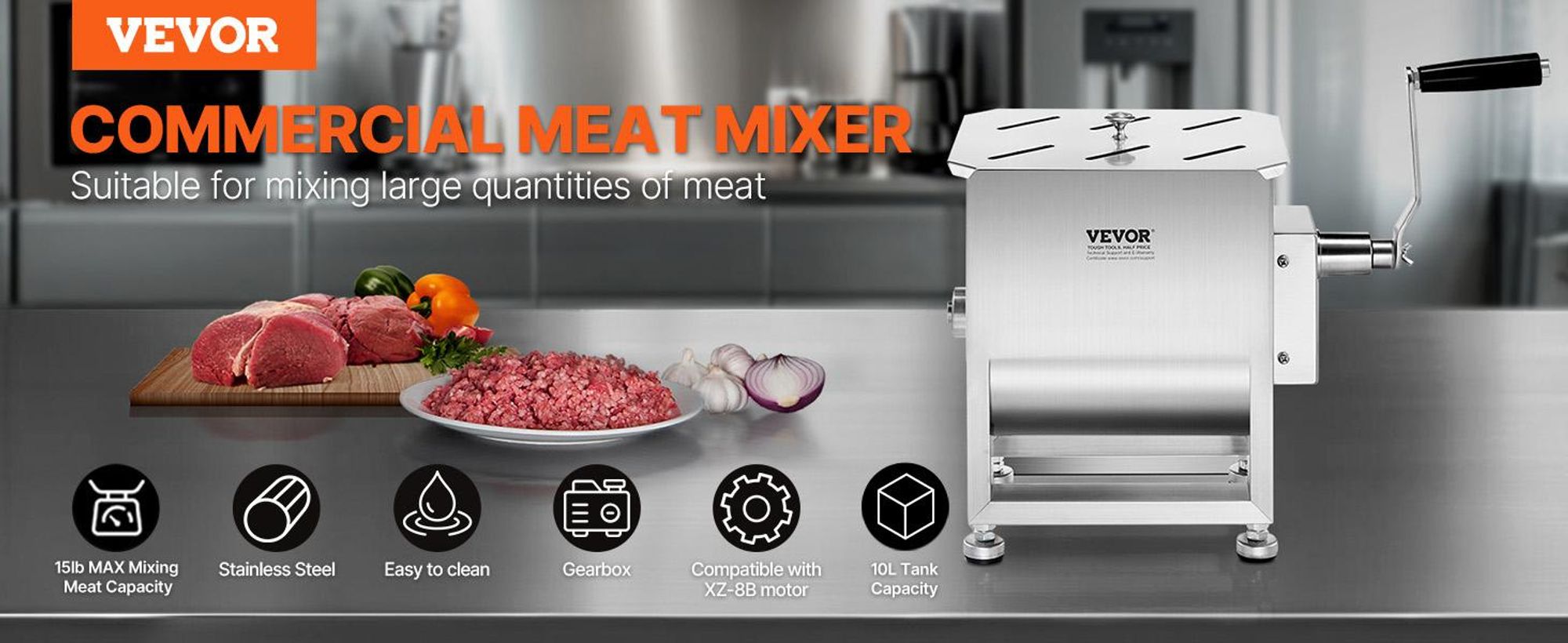 VEVOR Handbetriebs Fleischmischer, 80L Festtank Fleischverarbeitungsgerät (Maximale Mischung 80LBS für Fleisch), Edelstahl Fleischmischer, Wurstmischmaschine mit Deckel, Handgetriebe, Hackfleisch Handmischer, 10 L