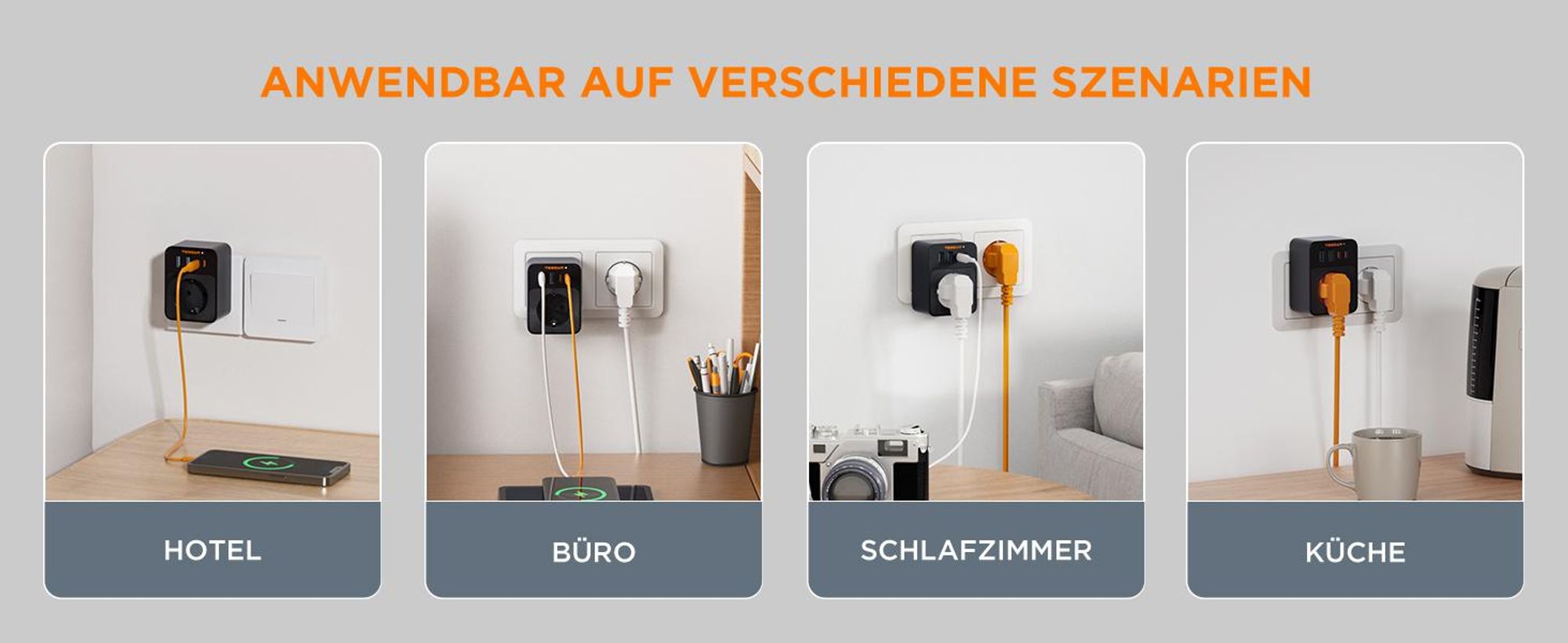 TESSAN Steckdose Schutzadapter 3600W mit 2 USB-C und 2 USB-A für Heimoffice kompakter Mehrfachadapter Stecker Schwarz