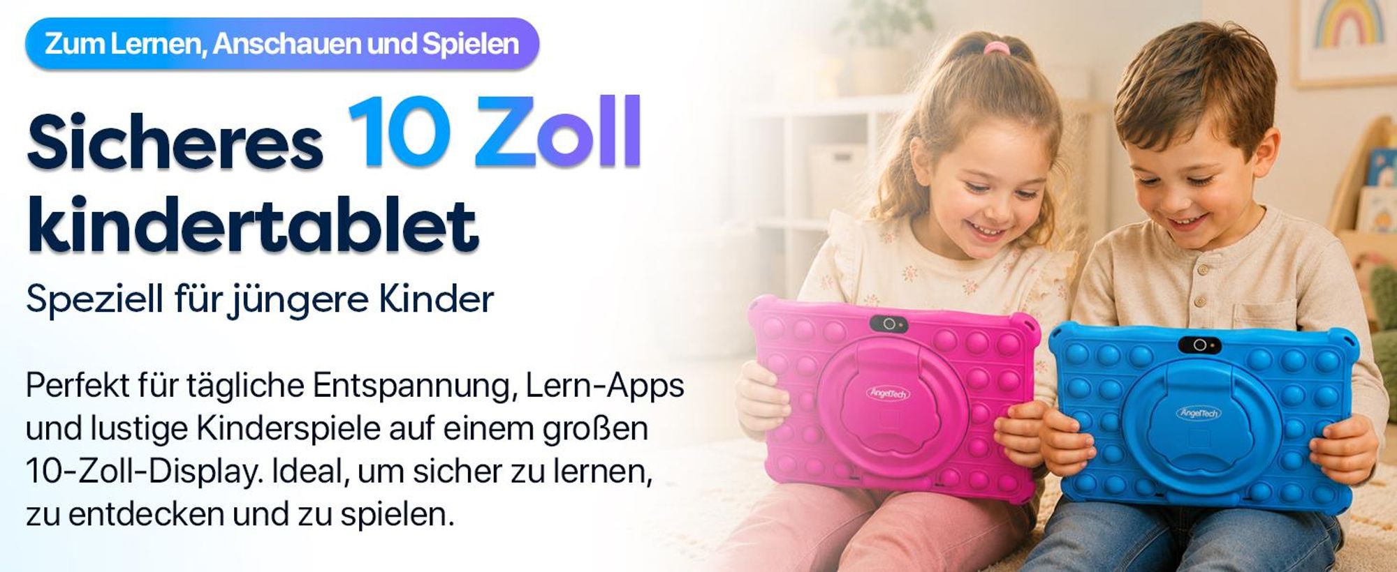 AngelTech Kindertablet XL - Android 14 - 3+4 GB RAM - 32+64 GB - Extra Groß - Elterliche Kontrolle - Fidgy Schutzhülle - 100% Kidsproof - Rosa