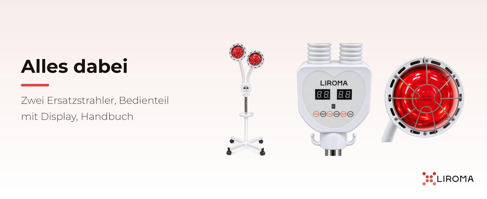 Lieferumfang LIROMA Infrarotlampe Doppelkopf: Lampe, zwei Ersatzstrahler, Bedienteil, Handbuch