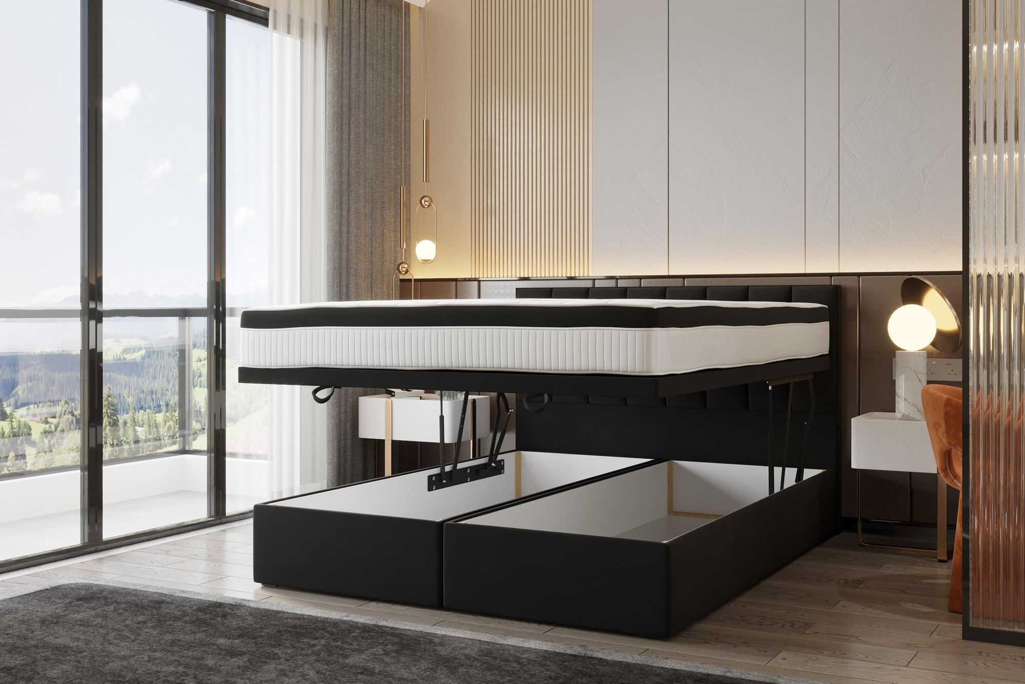 TRADA Bond Boxspringbett 200x200 mit Bettkasten mit Matratzen Stauraum Velvet 9-Komfortzonen H3 Schwarz