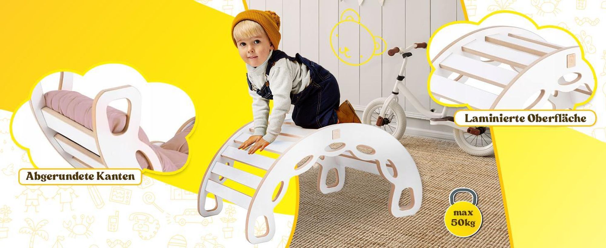 MISIOO Kletterbogen mit Kissen Für Kinder - Baby Wippe Mit Abgerundeten Kanten Für Sicherheit - Weiß MDF - Laminierte Oberfläche - 90x41x50 cm