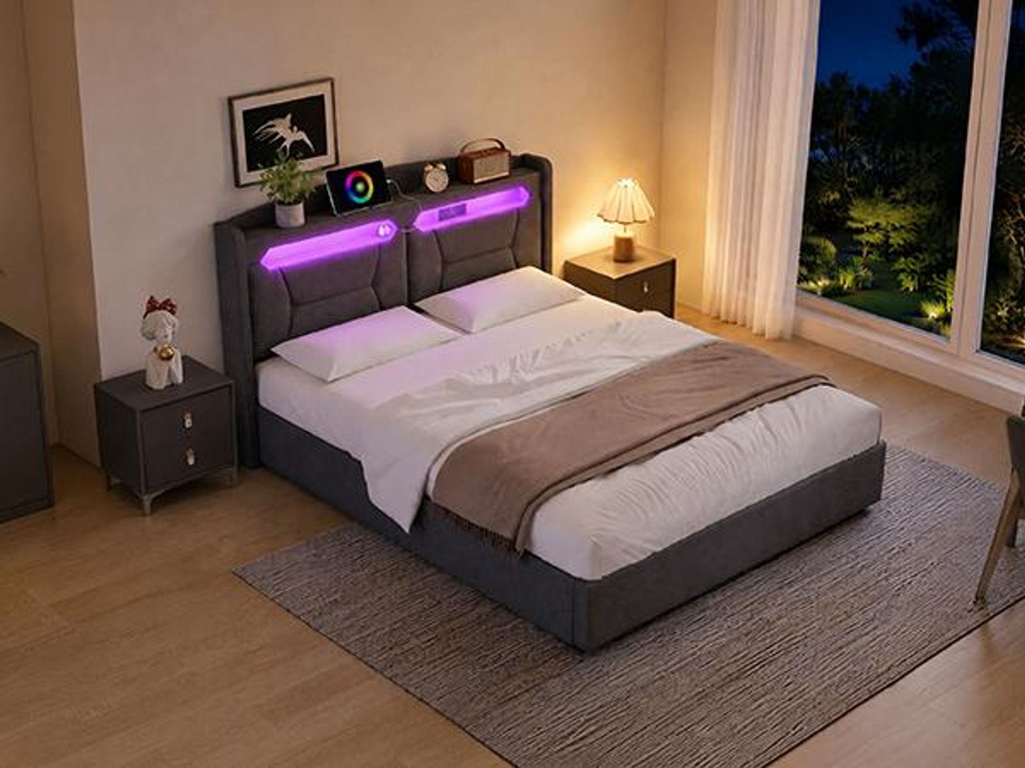 INONEFT Boxspringbett 140x200 mit LED und USB/Type-C , Polsterbett Doppelbett mit bettkasten , Hydraulischer Stauraumbett, Jugendbett, Leinen,Grau.