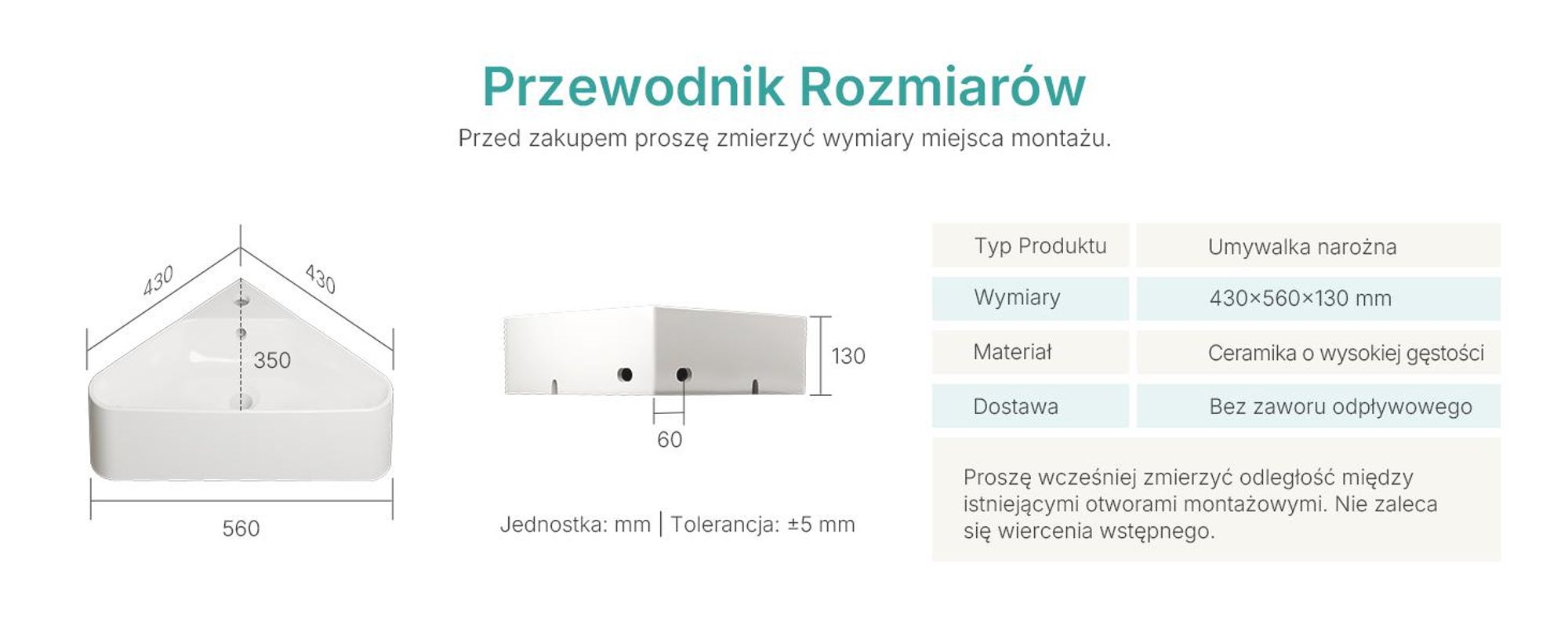 EMKE Umywalka narożna ścienna ceramiczna 560x340mm Biały połysk Trójkątna umywalka ścienna z przelewem i otworem na baterię do WC dla gości i małych łazienek
