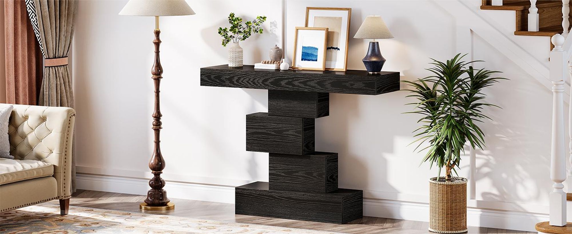 Konsolentisch, 108cm Beistelltisch, Eingangstisch mit geometrischem Sockel, Sofatisch