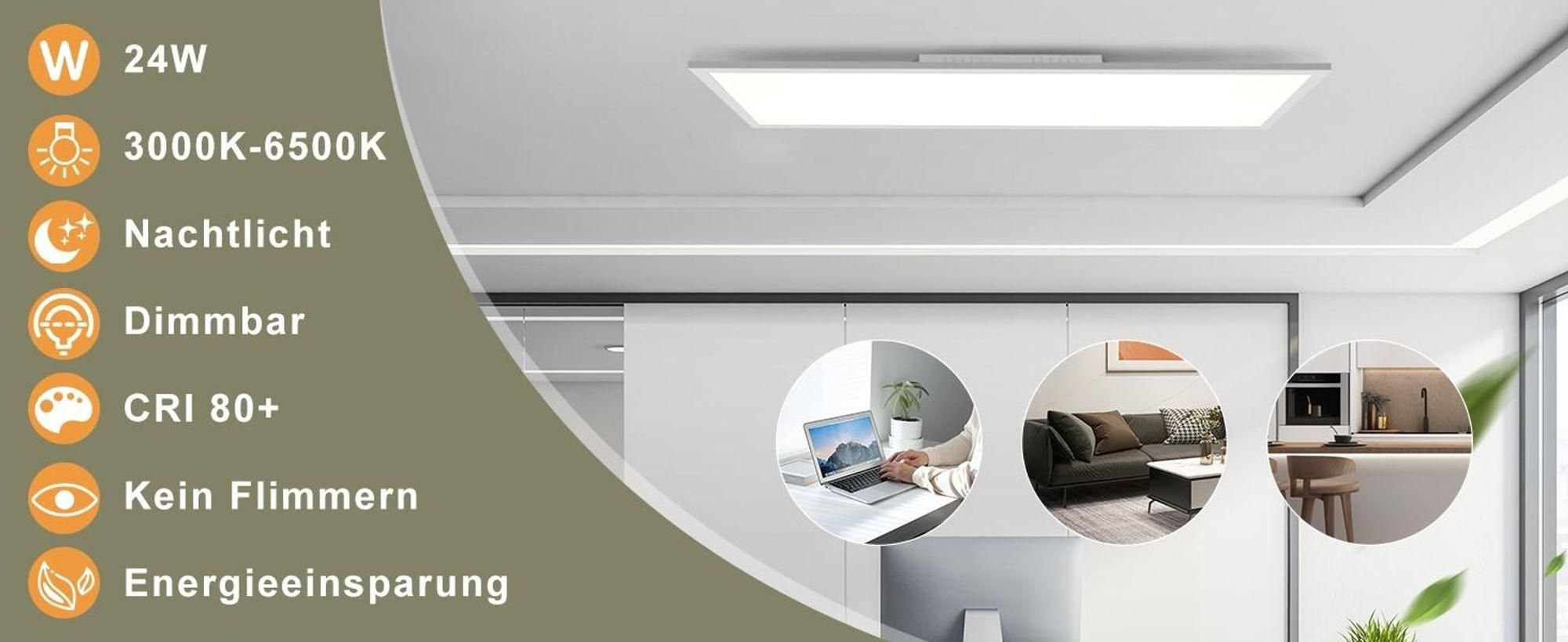 ZMH LED panelové stropní svítidlo 100 x 25 cm s dálkovým ovládáním, 24 W, stmívatelné, ploché stropní svítidlo do obývacího pokoje, kanceláře, kuchyně, chodby, bílé