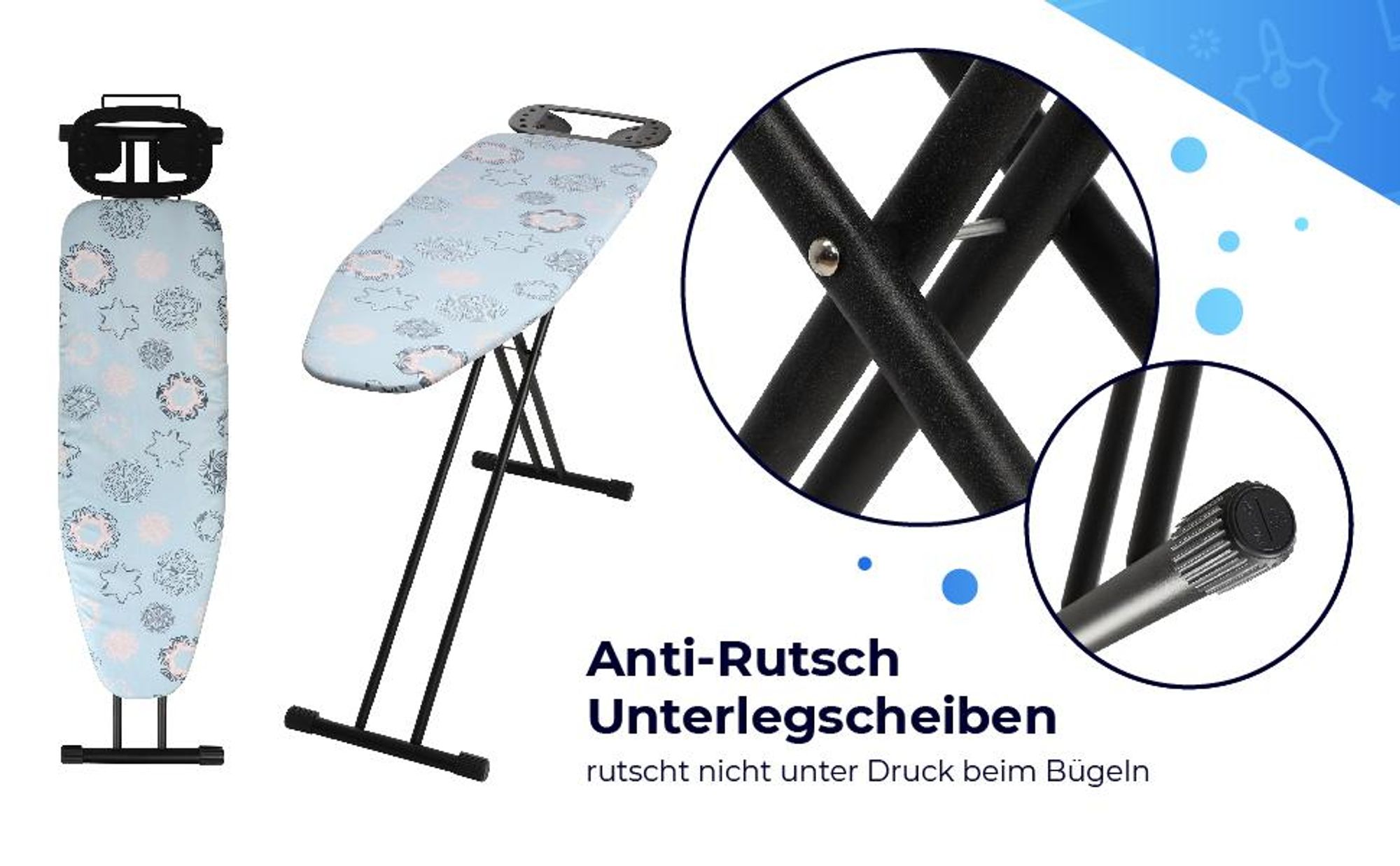 KADAX Bügelbrett "Esio", Bügeltisch, Dampfbügelbrett mit Antirutschfüßen und höhenverstellbarer, 160 cm, Blau
