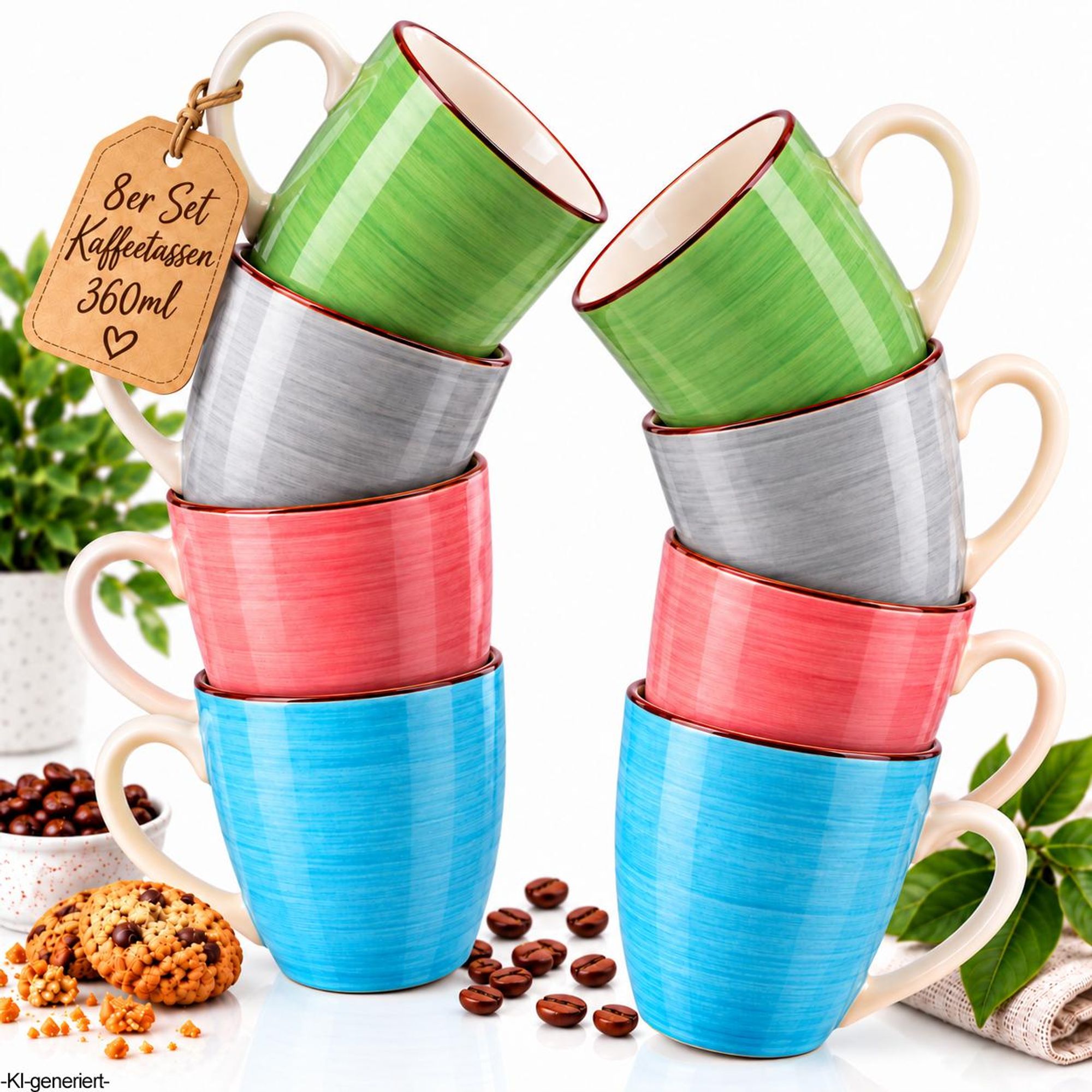 8er Set Kaffeetassen 360 ml – Bunte Keramik Kaffeebecher