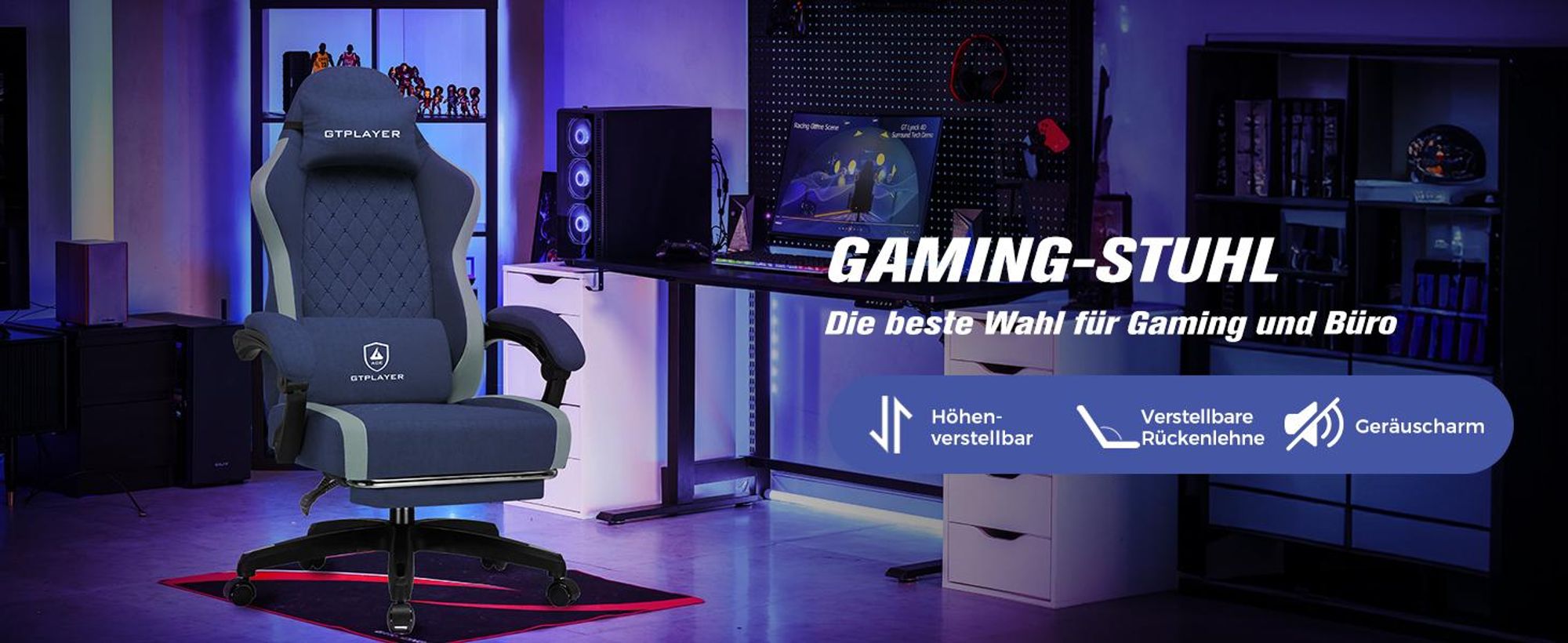 GTPLAYER Gaming Stuhl Ergonomischer Gaming Sessel Schreibtischstuhl PC Gamer Racing Stuhl mit Stoffoberfläche, Federsitzkissen, Verbindungsarmlehnen, mit Fußstütze bis 153 kg belastbar