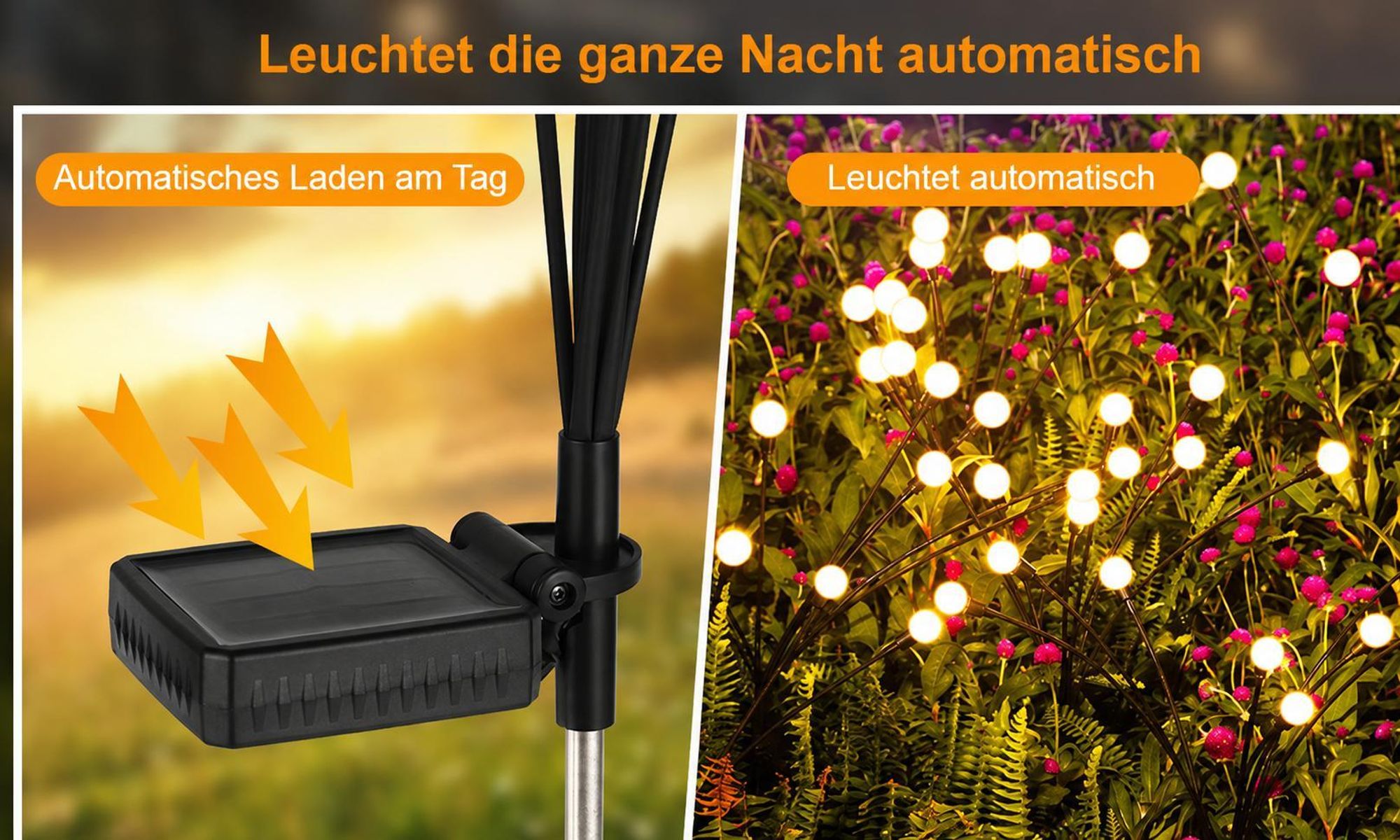 2 Stück Solar Glühwürmchen Licht Wasserdicht Außen Rasenlampe für Garten Terrasse Weg Hof Landschaft Deko, Warmweiß, 6 LEDs