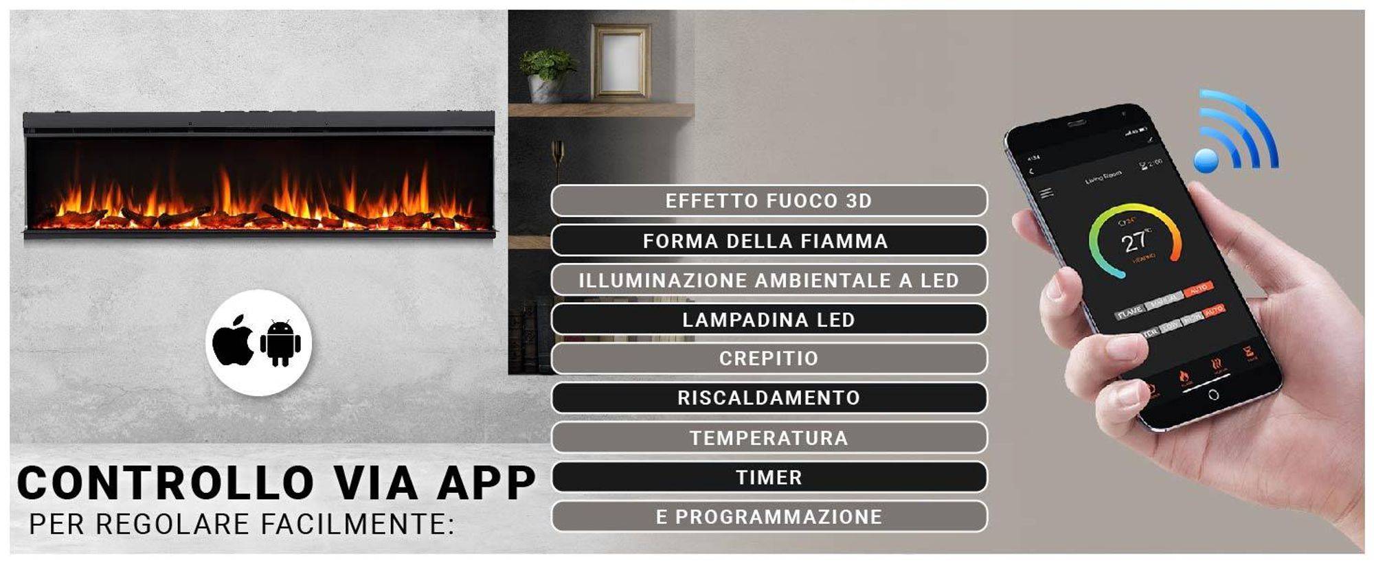 Camino elettrico BALDERIA Athena smart 72 - Camino da incasso - Nero