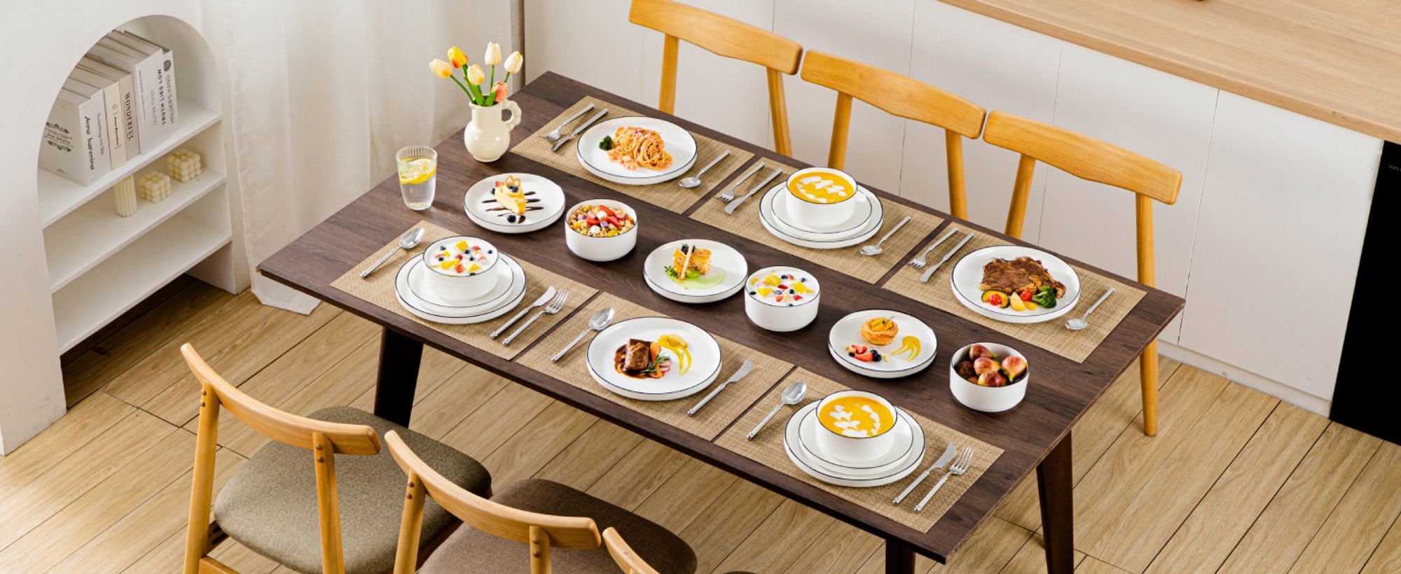 MALACASA, 18 tlg. Porzellan Geschirrset mit schwarzer Randlinie, Kombiservice Tafelservice mit je 6 Speiseteller, Dessertteller, Schale, cremeweiß