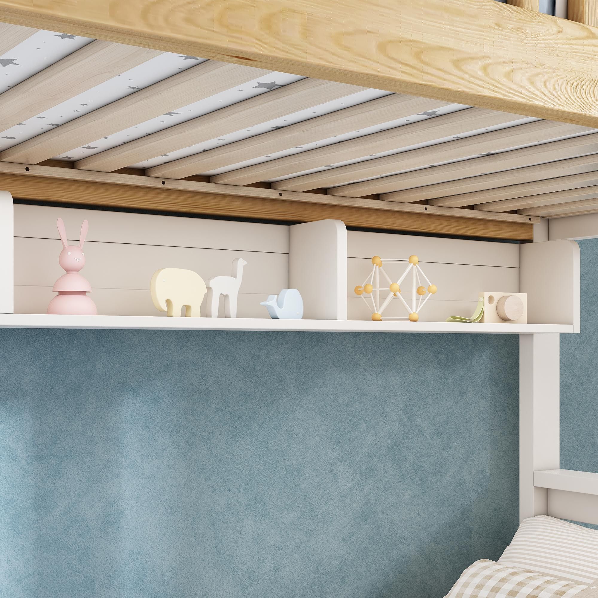 Flieks Etagenbett 90x200cm/140x200cm mit Regal, Kinderbett Hausbett mit Treppe, Hochbett für 2-3 Kinder, Stockbett Holzbett Weiß