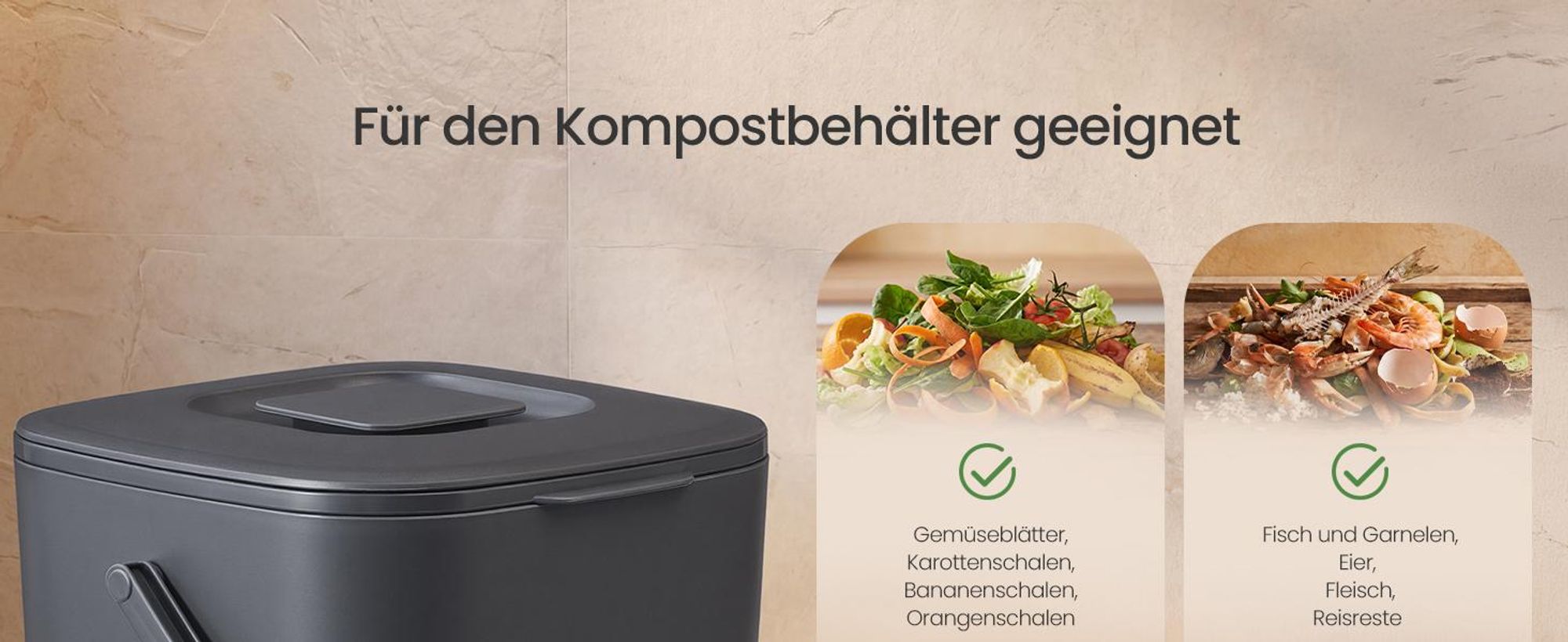SONGMICS Geruchsdichter Komposteimer für die Küche, Biomülleimer mit Deckel und Griff, 4 L, 24 x 20 x 19,5 cm, Grau