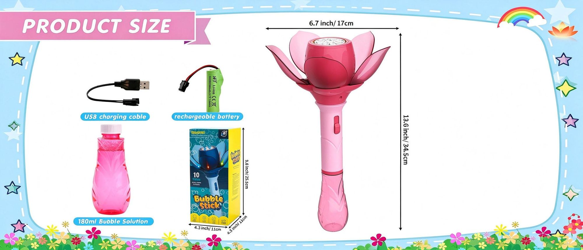 Juksun Seifenblasen Lotusblume pink 10x33cm 120ml Seifenblasenmaschine elektrisch Seifenblasenstab Licht für Kinder Party und Garten