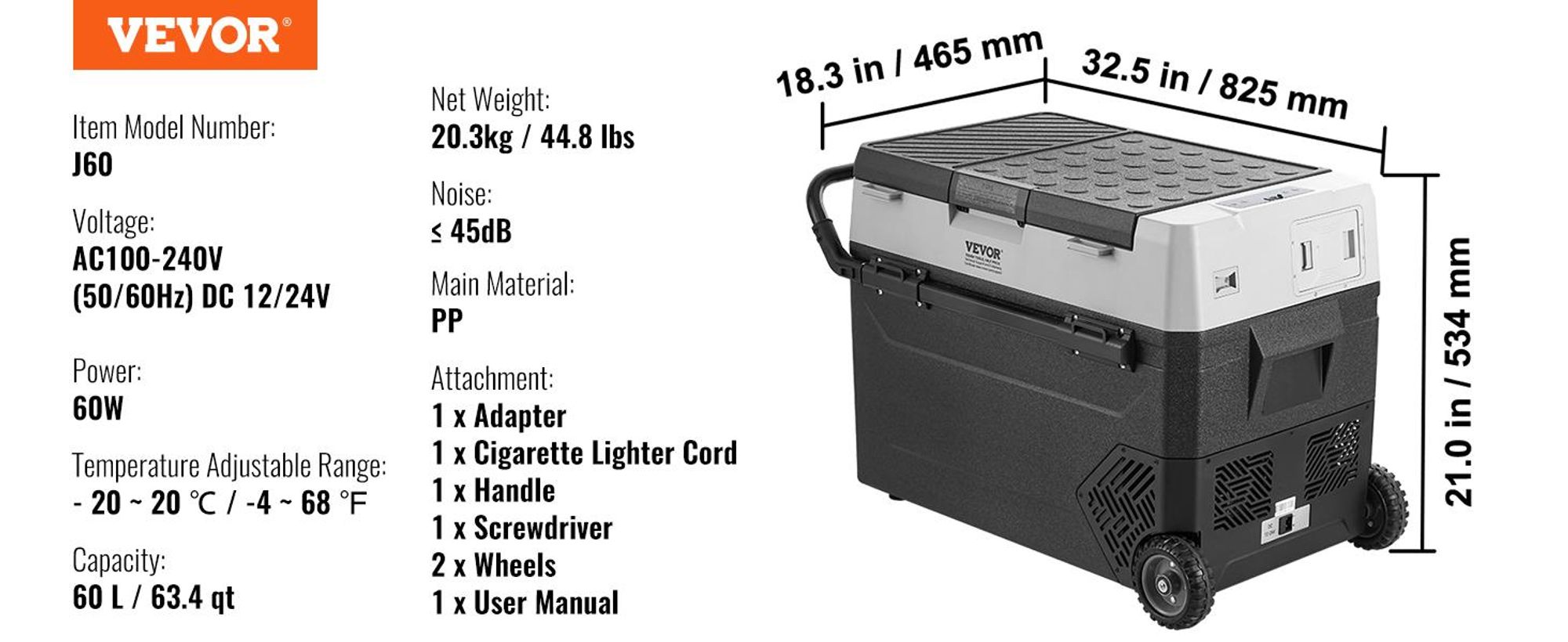 VEVOR Tragbarer Autokühlschrank, 12-Volt-Autokühlschrank, 60 l / 63,4 QT Einzelzonen-Tragbarer Gefrierschrank, -4℉-68℉ Einstellbare Temperatur, Kompressorkühler für Zuhause, Outdoor, Camping, Wohnmobil, Auto