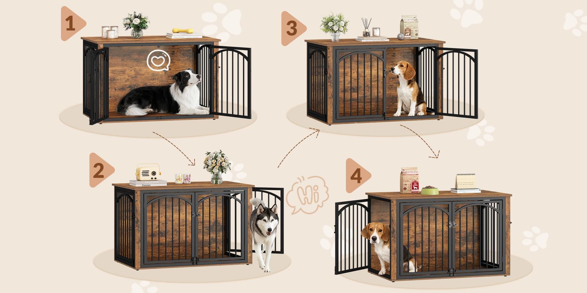 Hundebox Holz 100x60x63 cm, Vintagebraun & Schwarz, 4 Türen, Möbel-Hundekäfig als Beistelltisch, für mittelgroße bis große Hunde, Indoor
