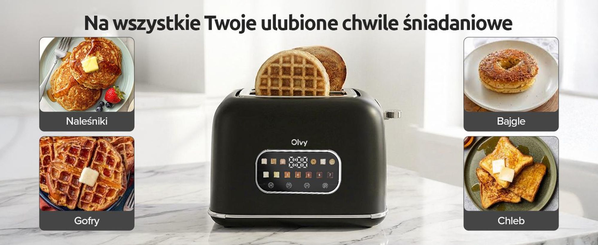 Toster Olvy, ekran dotykowy z timerem, 7 stopni opalania, bardzo szerokie szczeliny, 6 programów, w tym bagel i gofr, funkcja rozmrażania i podgrzewania, czarny