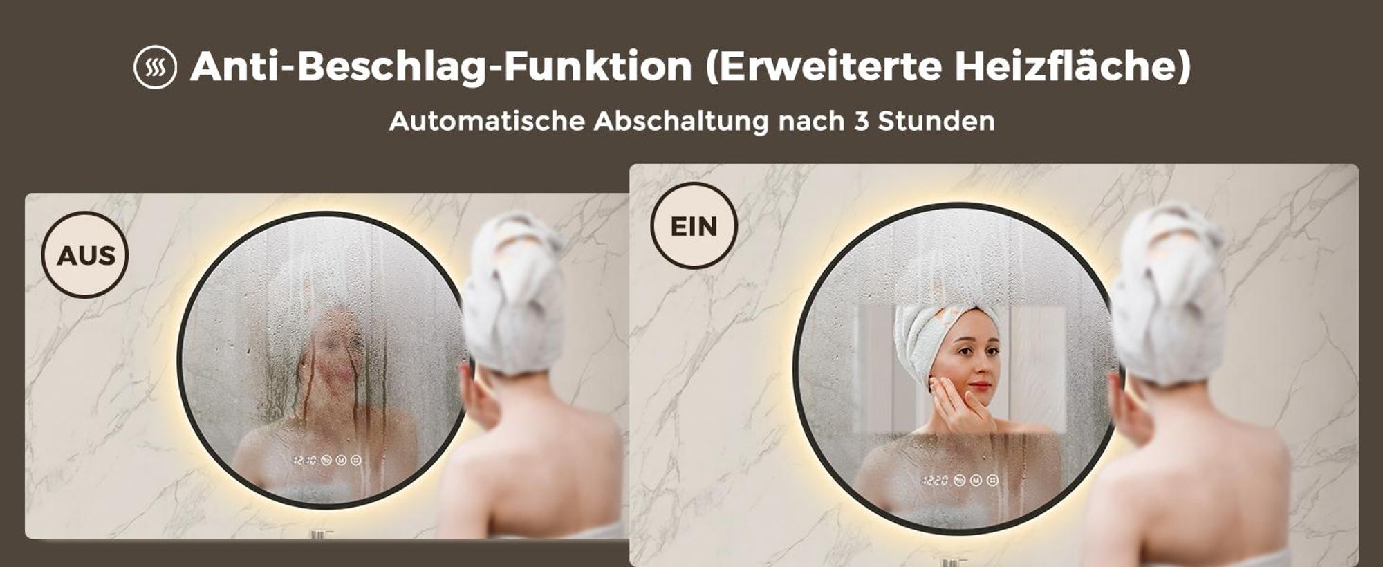 S'AFIELINA Badspiegel mit Beleuchtung Rund 70 cm Diameter,LED Badspiegel mit Touch, Beschlagfrei, Dimmbar, 3 Lichtfarben, Uhr, Temperatur,Schwarzer