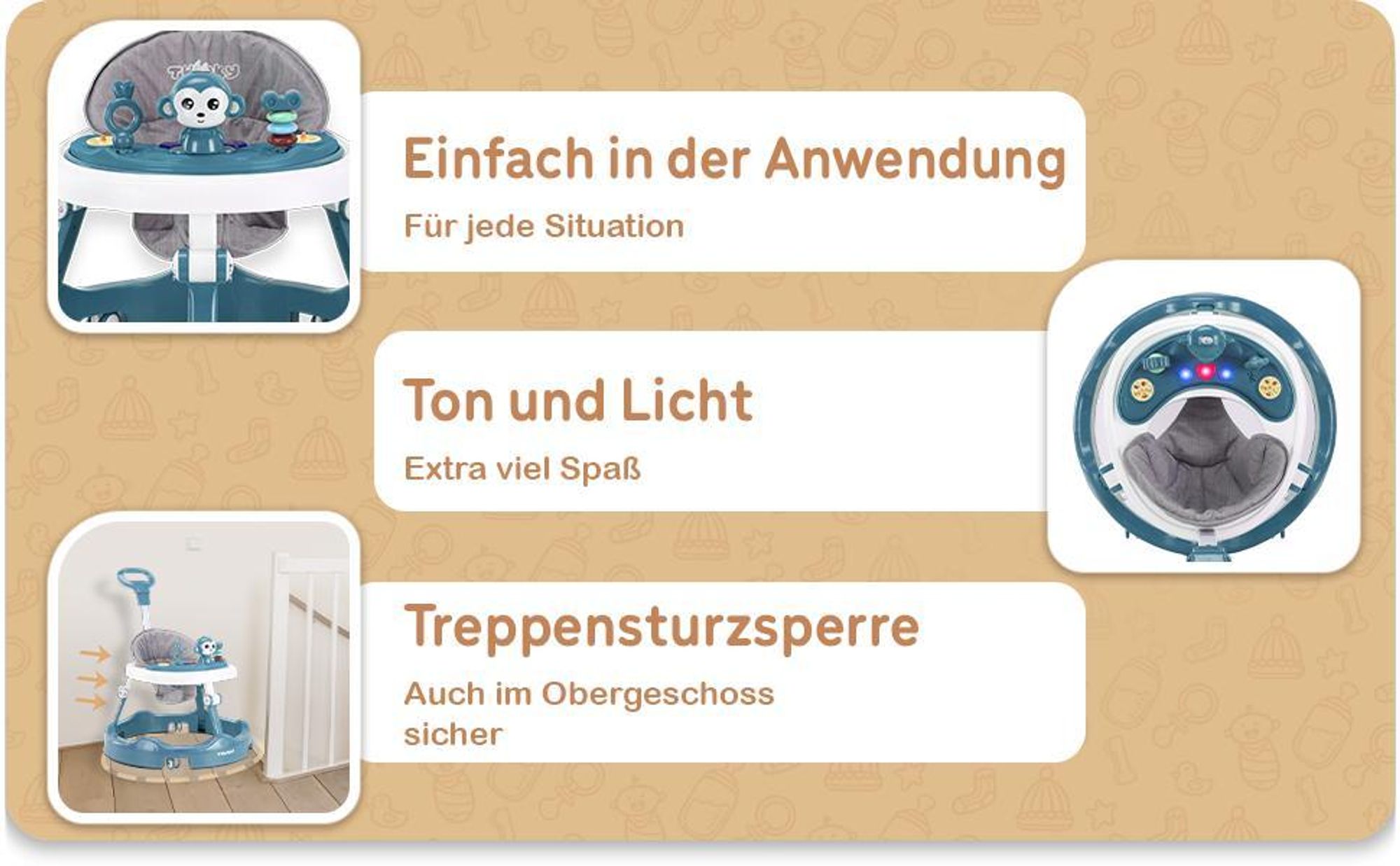 Twinky® Lauflernhilfe in Azur Blau | Lauflernwagen mit Spielset und Zubehör für sicheres und spielerisches Lernen | inkl. Fußmatte und Haltegriff