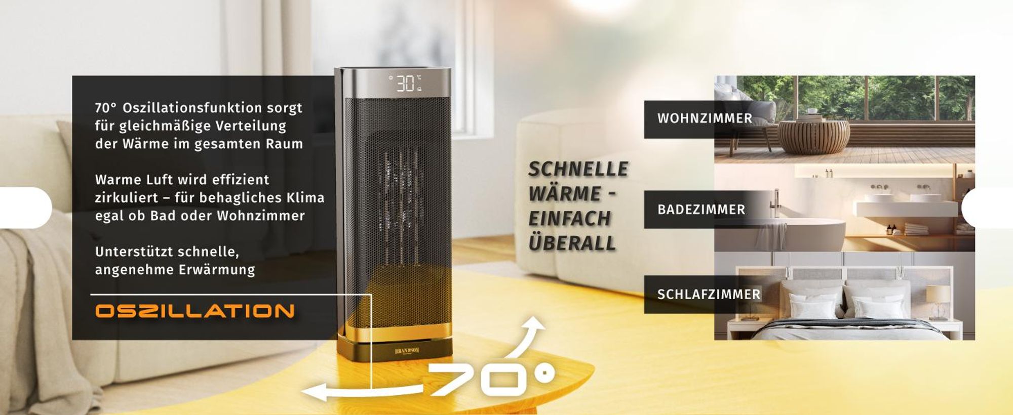 Brandson Heizlüfter 2000W, Keramikheizlüfter, Heizgerät, Timer, Oszillation 70 Grad, Fernbedienung, ECO-Modus, energiesparend, 10-35°C, LED-Display, Preisträger 2025