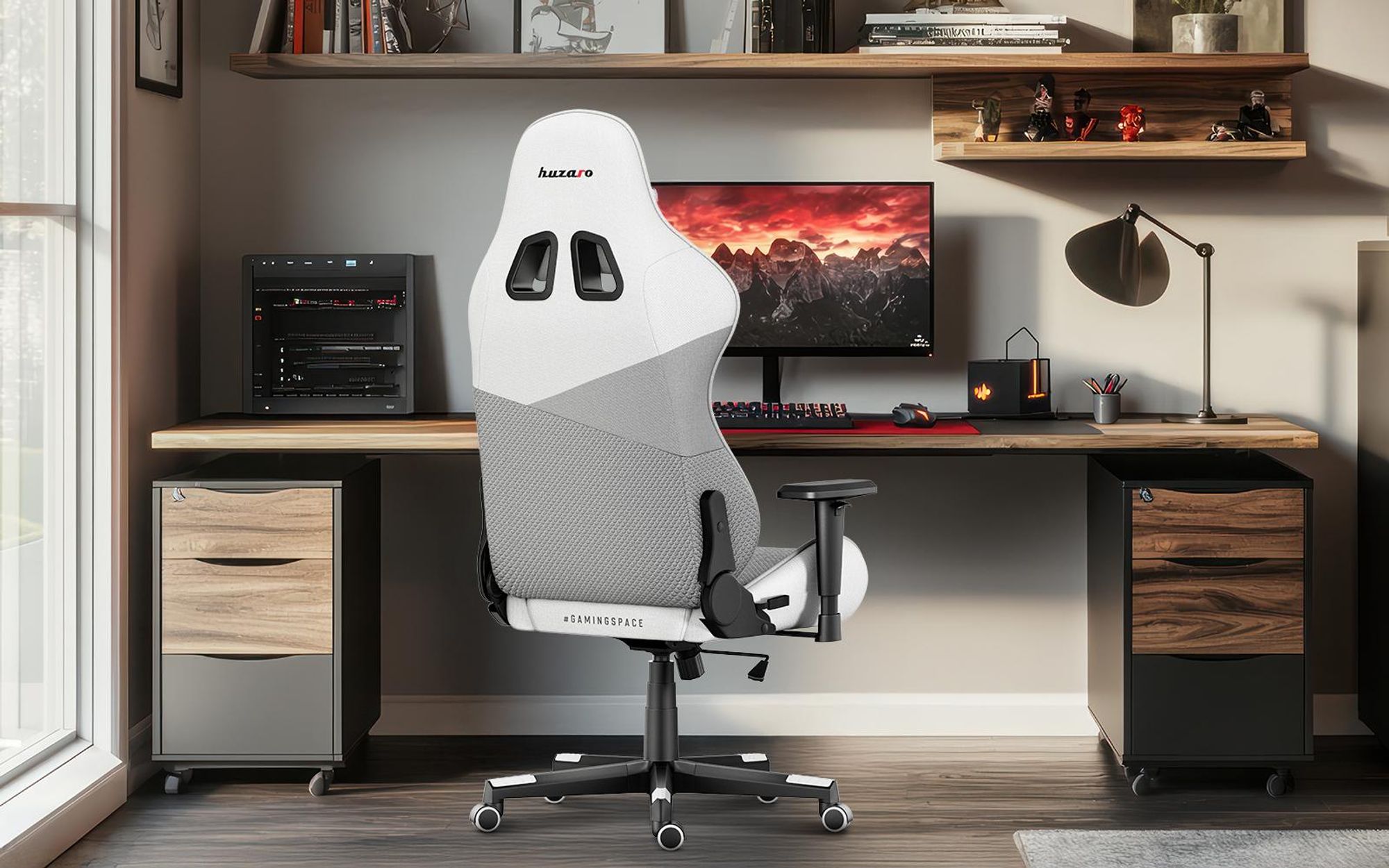 Huzaro Force 6.2 | Gaming Stuhl Bürostuhl Schreibtischstuhl Gamer Stoff | bis 130 kg belastbar | Höhenverstellbar Kopfstütze Lendenstütze | Weiß