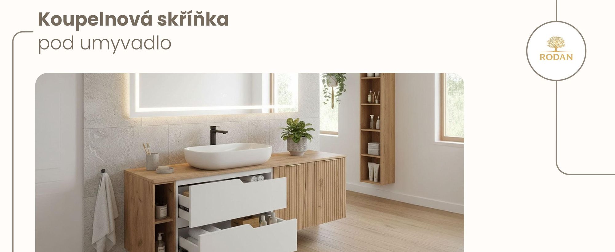 RODAN | Skříňka pod Umyvadlo - Hnědá a Bílá - 140 cm - S deskou Stolu - 2 Zásuvky - MDF - 2 Dveře - Integrovaná Polička - MODERN