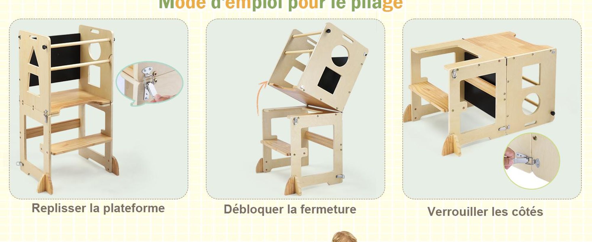 FCH Lernturm Für Kinder, Montessori Lernturm,  45 × 35 × 88cm, Fichtenholz + Mehrschichtplatte, Holzfarbe