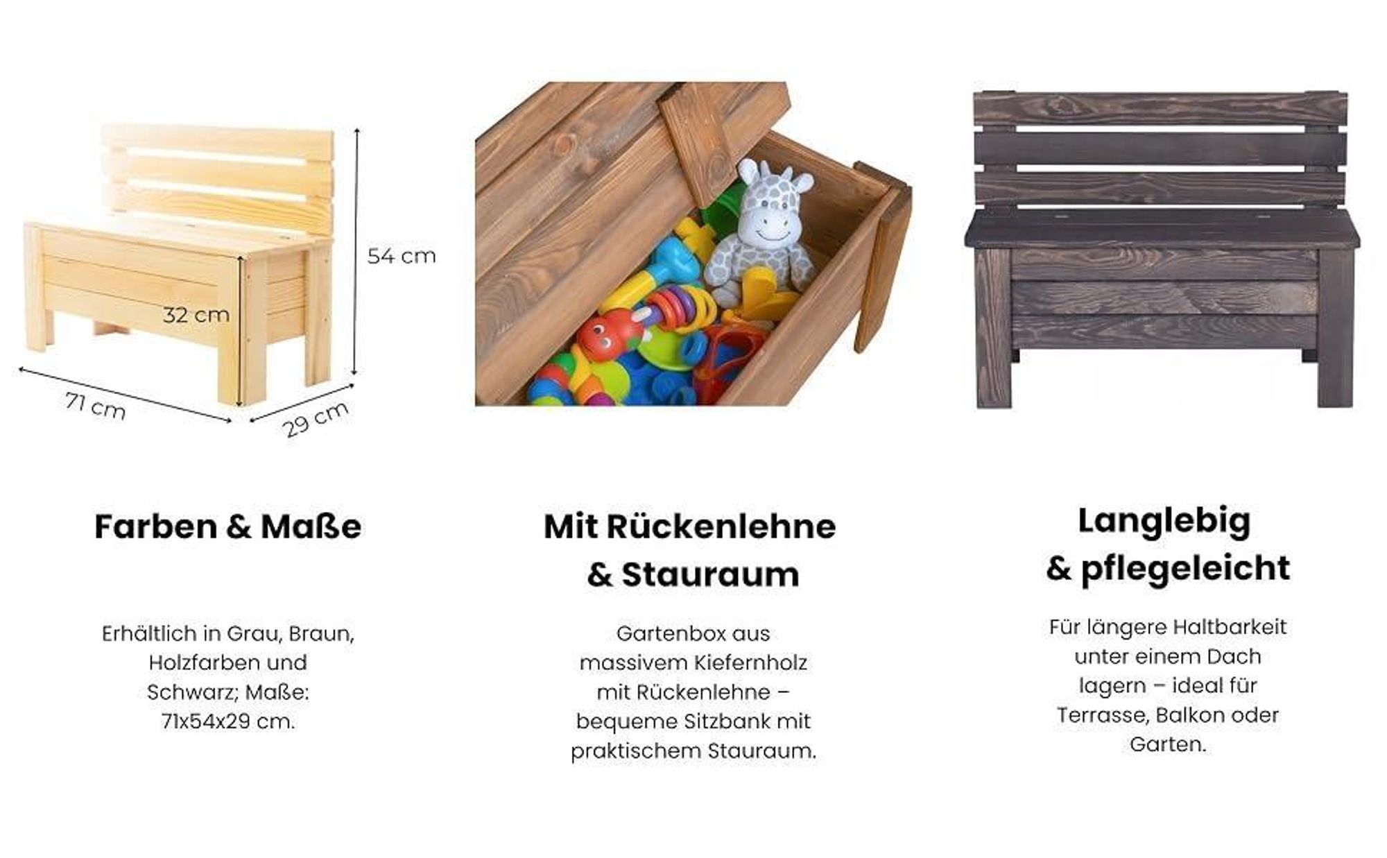 STOLMAK Gartenbox aus Holz 111 l 71x54x29 cm Schwarz Massivholz Kiefer Auflagenbox Kissenbox Holztruhe Sitzbank Gartenmöbel