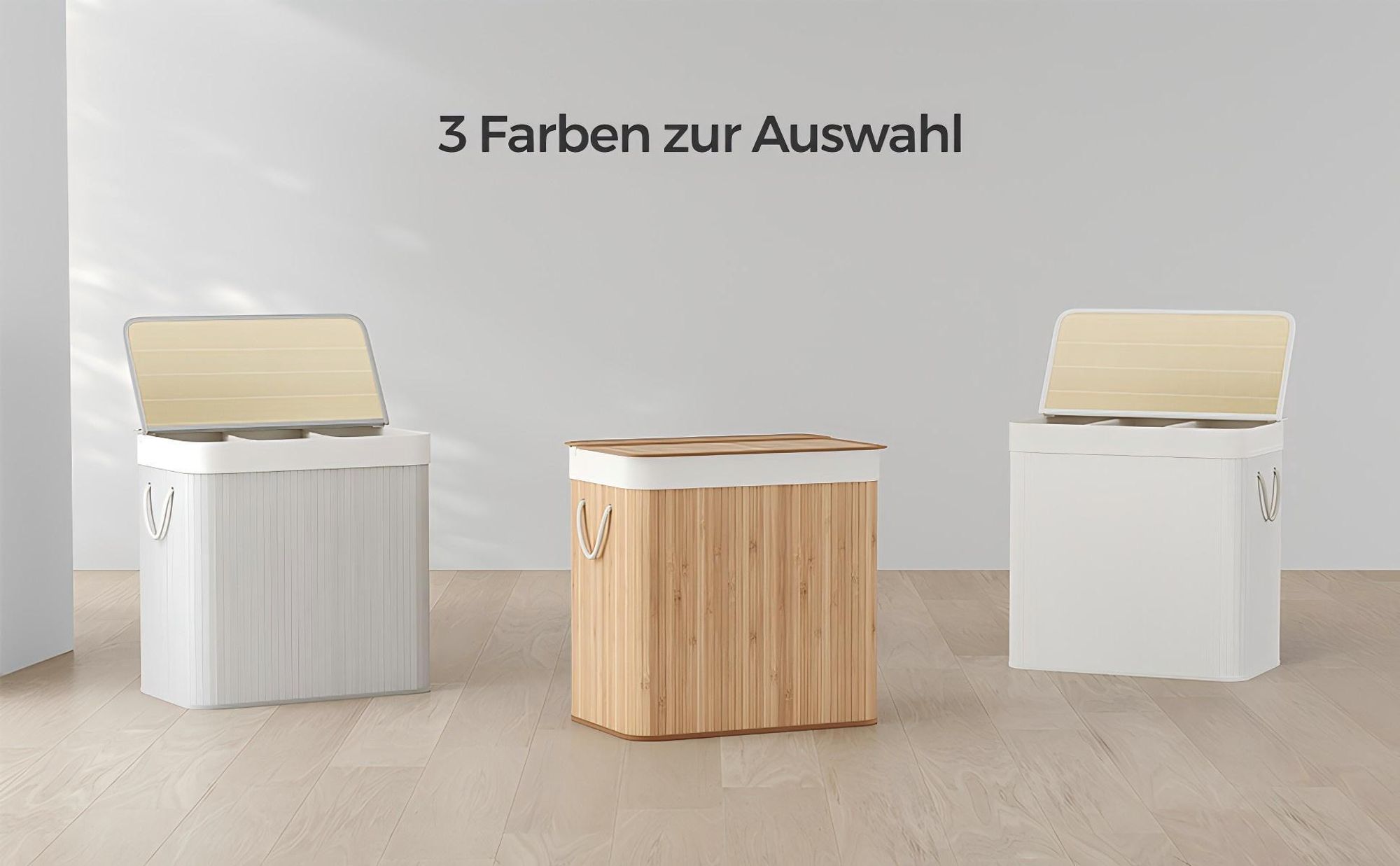 SONGMICS Wäschekorb, mit Deckel und Griffen, aus Bambus, 3 Fächern, 150 L, weiß