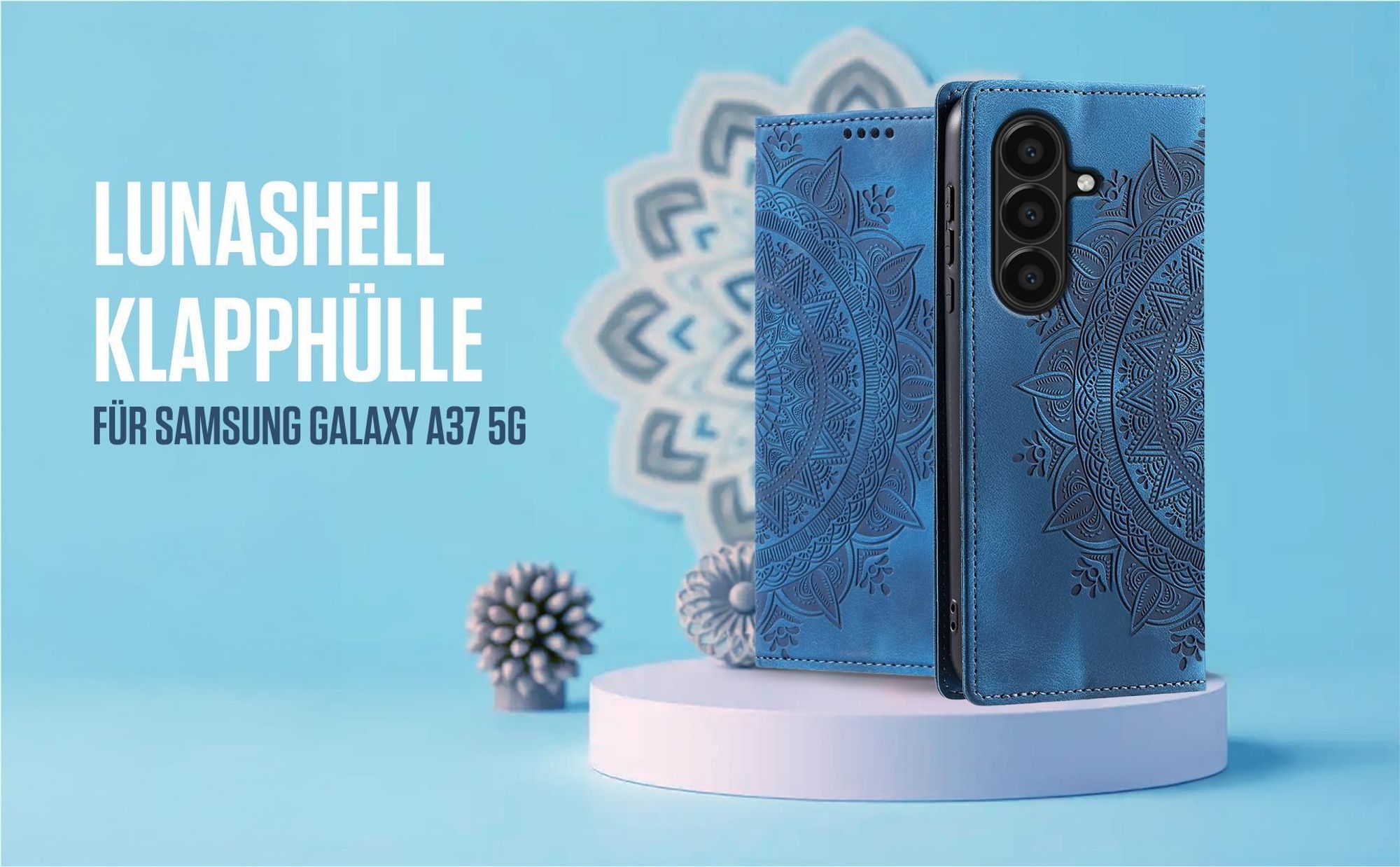 Blaue Klapphülle für Samsung Galaxy A37 5G mit feiner Mandala Prägung
